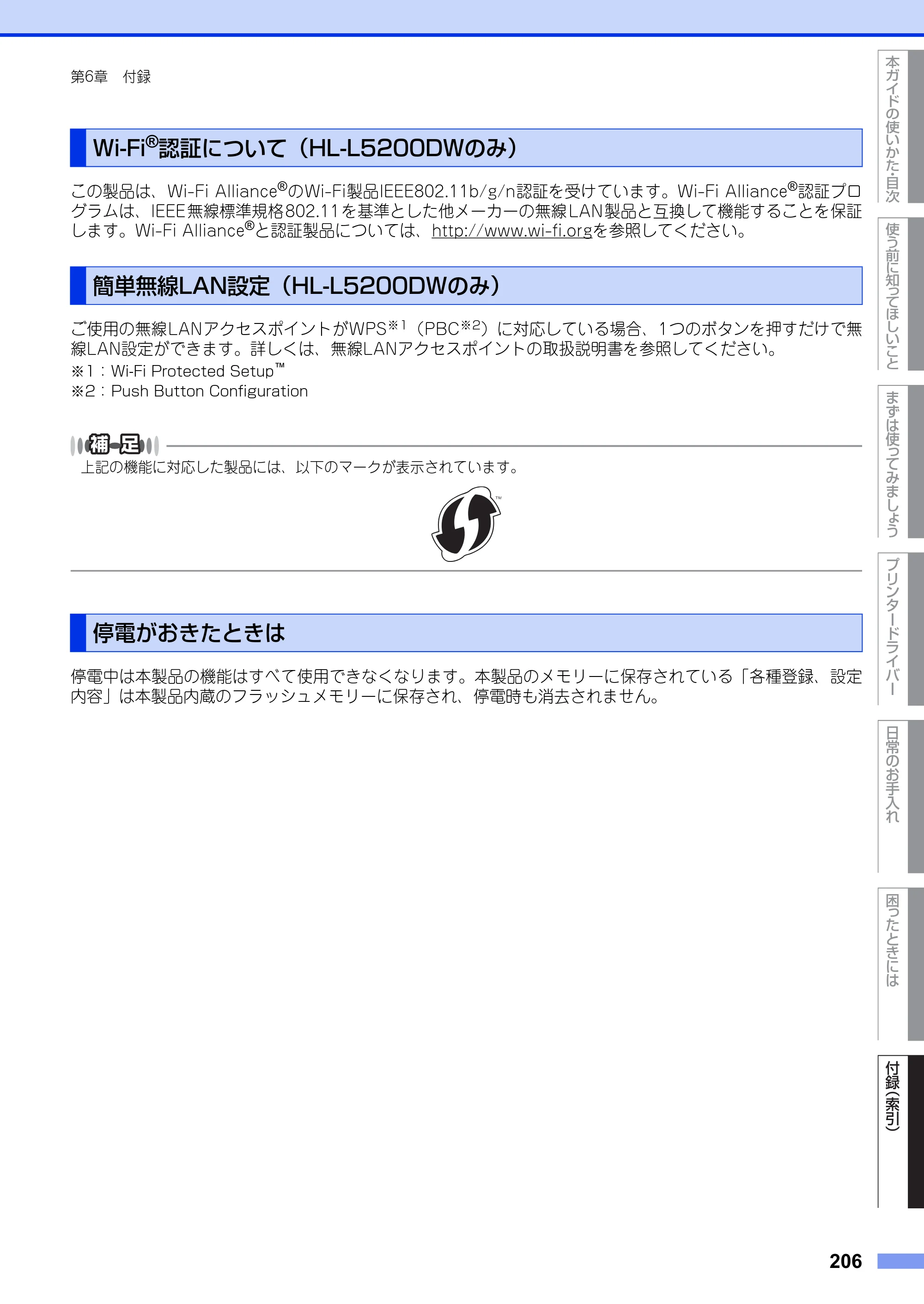 ブラザー HL-L5100DN / HL-L5200DW ユーザーズガイド — Wi-Fi®認証について（HL-L5200DWのみ） — 原本ページ — 206ページ