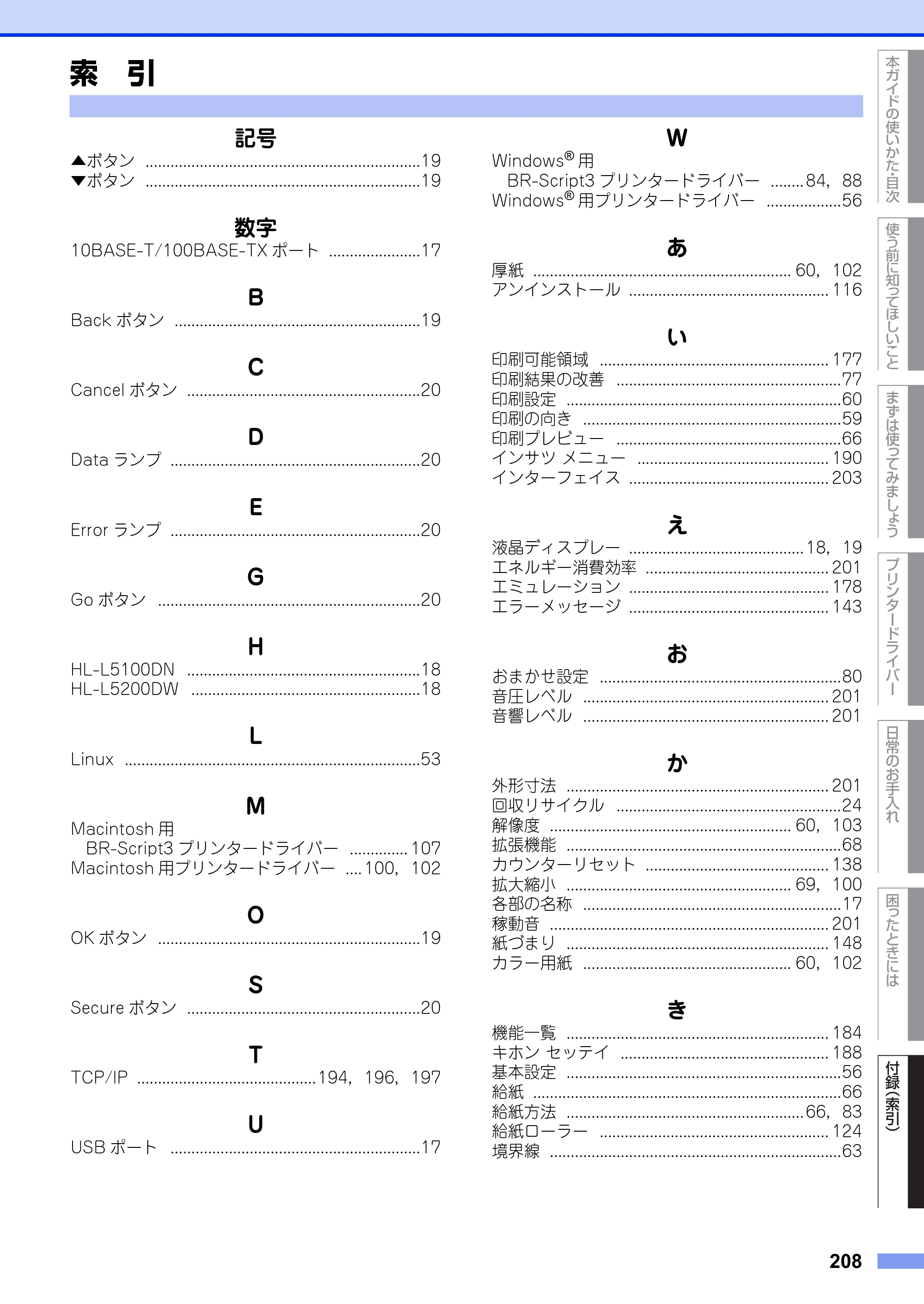 ブラザー HL-L5100DN / HL-L5200DW ユーザーズガイド — 索 引 — 原本ページ — 208ページ