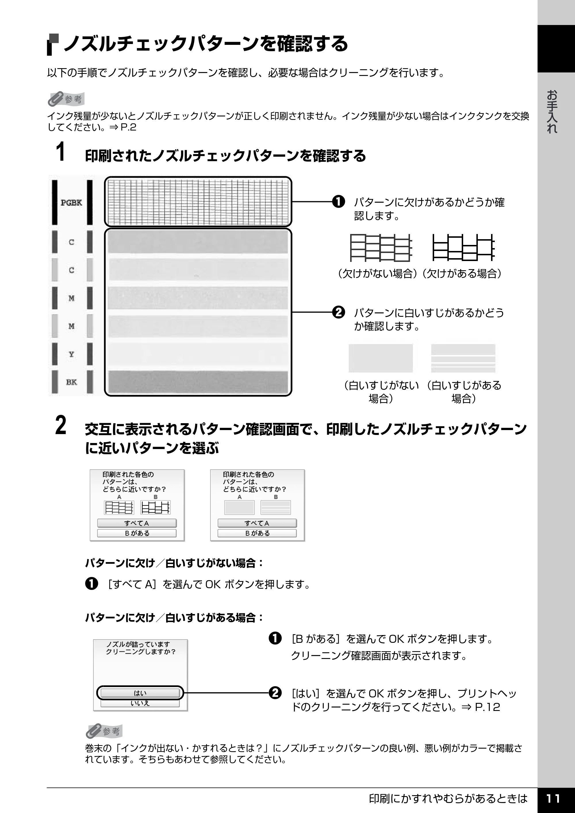 キヤノン PIXUS MP600 操作ガイド(お手入れ編) (PDF形式/3.88Mバイト) — ノズルチェックパターンを確認する — 原本ページ — 12ページ