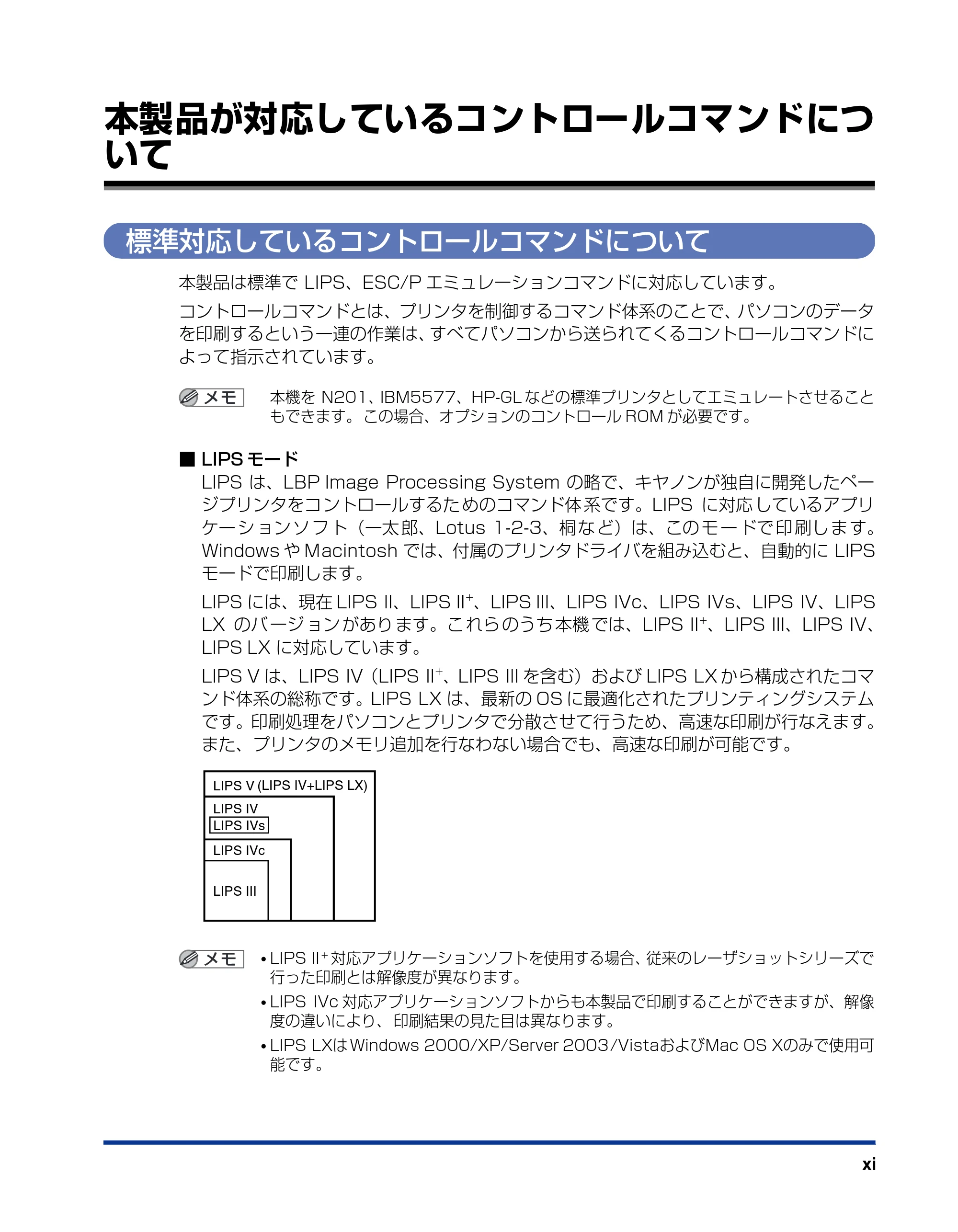 キヤノン LBP3410 LIPS機能ガイド 2009年12月18日更新 （PDF形式／2.13Mバイト） — 本製品が対応しているコントロールコマンドについて — 原本ページ — 13ページ