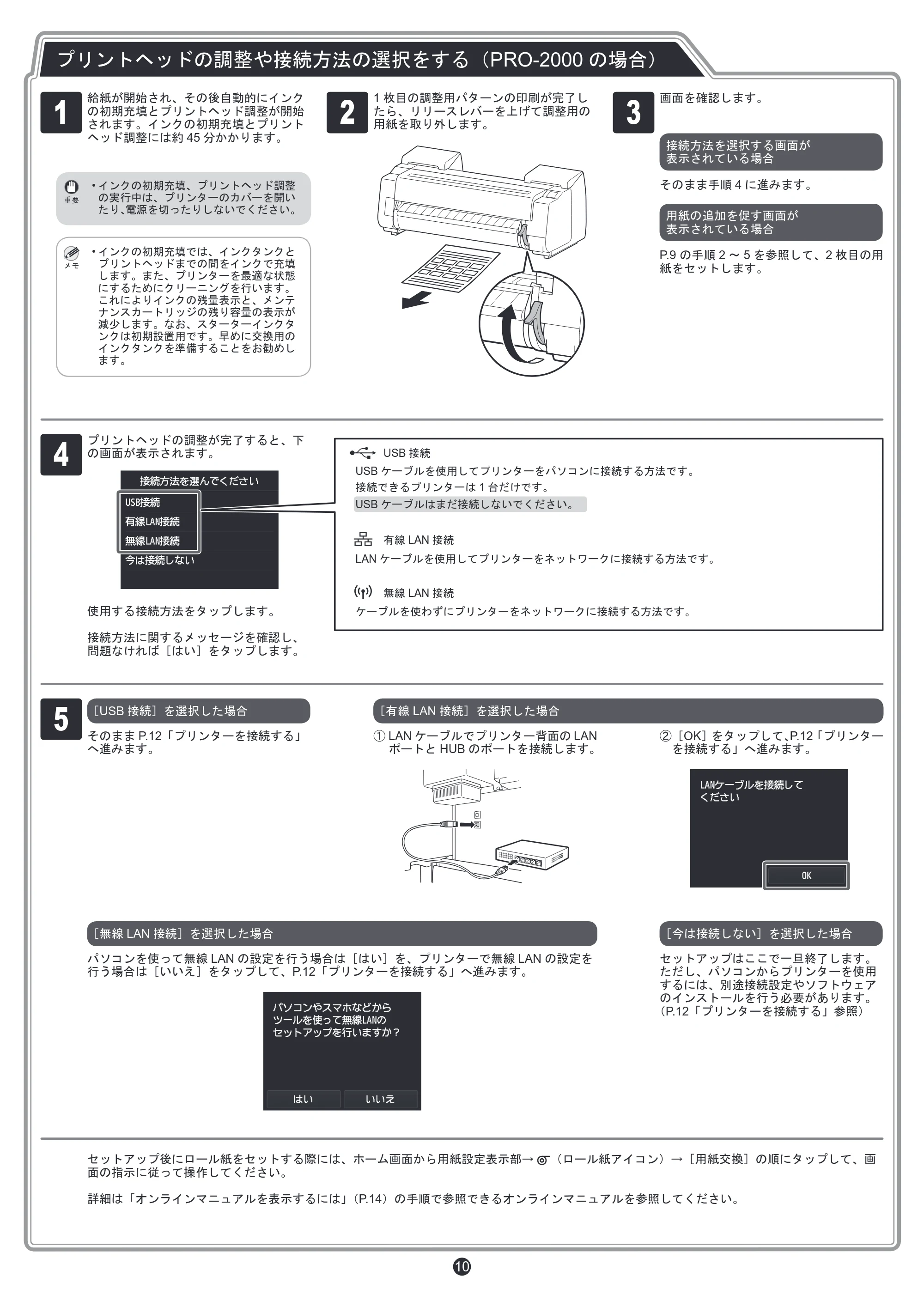 キヤノン PRO-2000 / PRO-4000 / PRO-6000 セットアップガイド（PDF：5.29MB） — プリントヘッドの調整や接続方法の選択をする（PRO-2000 の場合） — 原本ページ — 10ページ