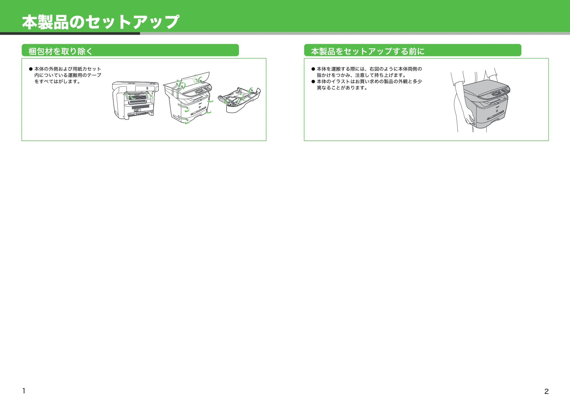 キヤノン MF3220 スタートアップガイド (PDF形式/1.54Mバイト) — 本製品のセットアップ — 原本ページ — 2ページ