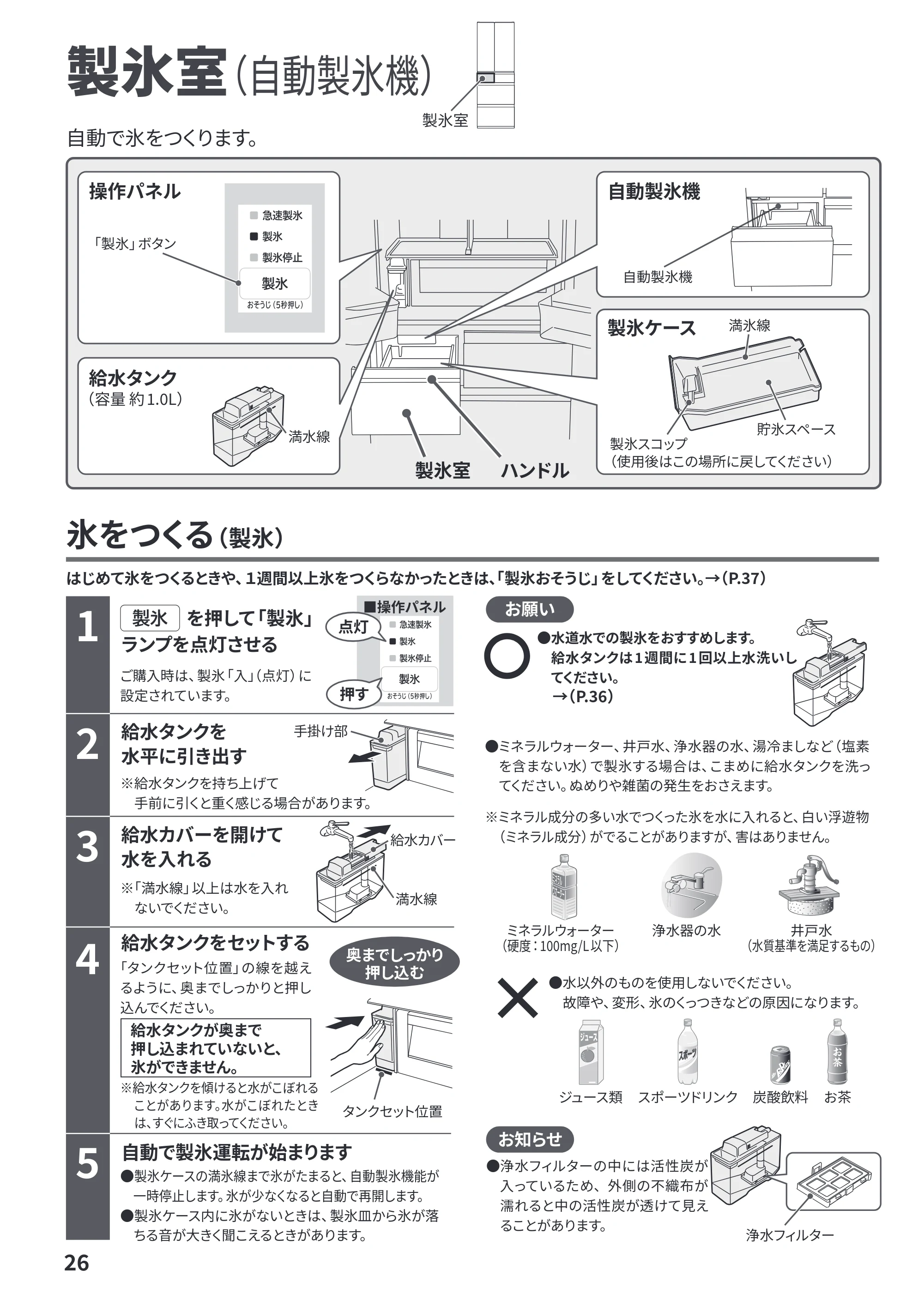 日立 R-HWC62Y / R-HWC54Y / R-HWC49Y 取扱説明書 — 製氷室（自動製氷機） — 原本ページ — 26ページ
