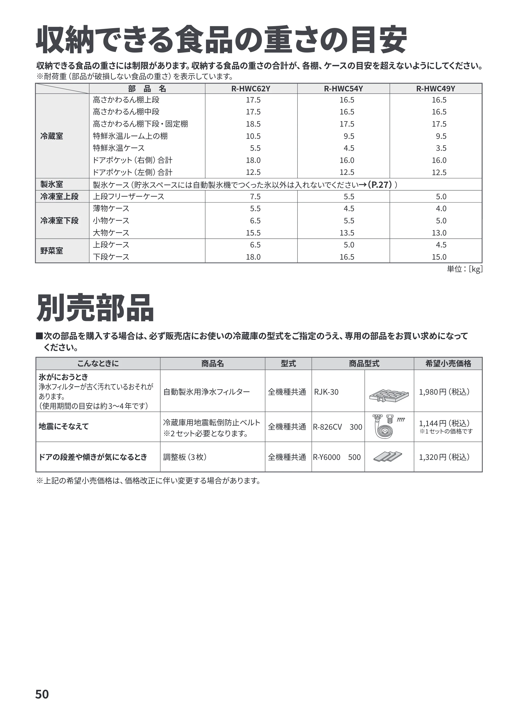 日立 R-HWC62Y / R-HWC54Y / R-HWC49Y 取扱説明書 — 収納できる食品の重さの目安/別売部品 — 原本ページ — 50ページ
