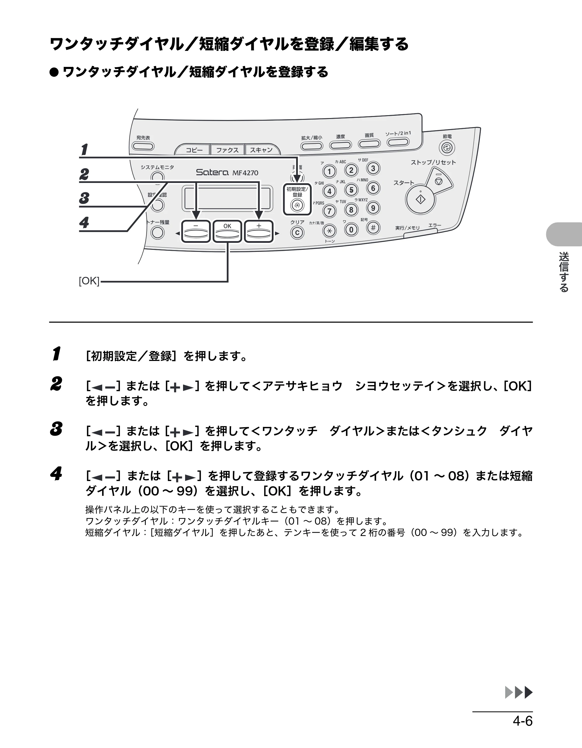 キヤノン MF4270 操作ガイド（基本編） （PDF形式／10.37Mバイト） — ワンタッチダイヤル／短縮ダイヤルを登録／編集する — 原本ページ — 74ページ