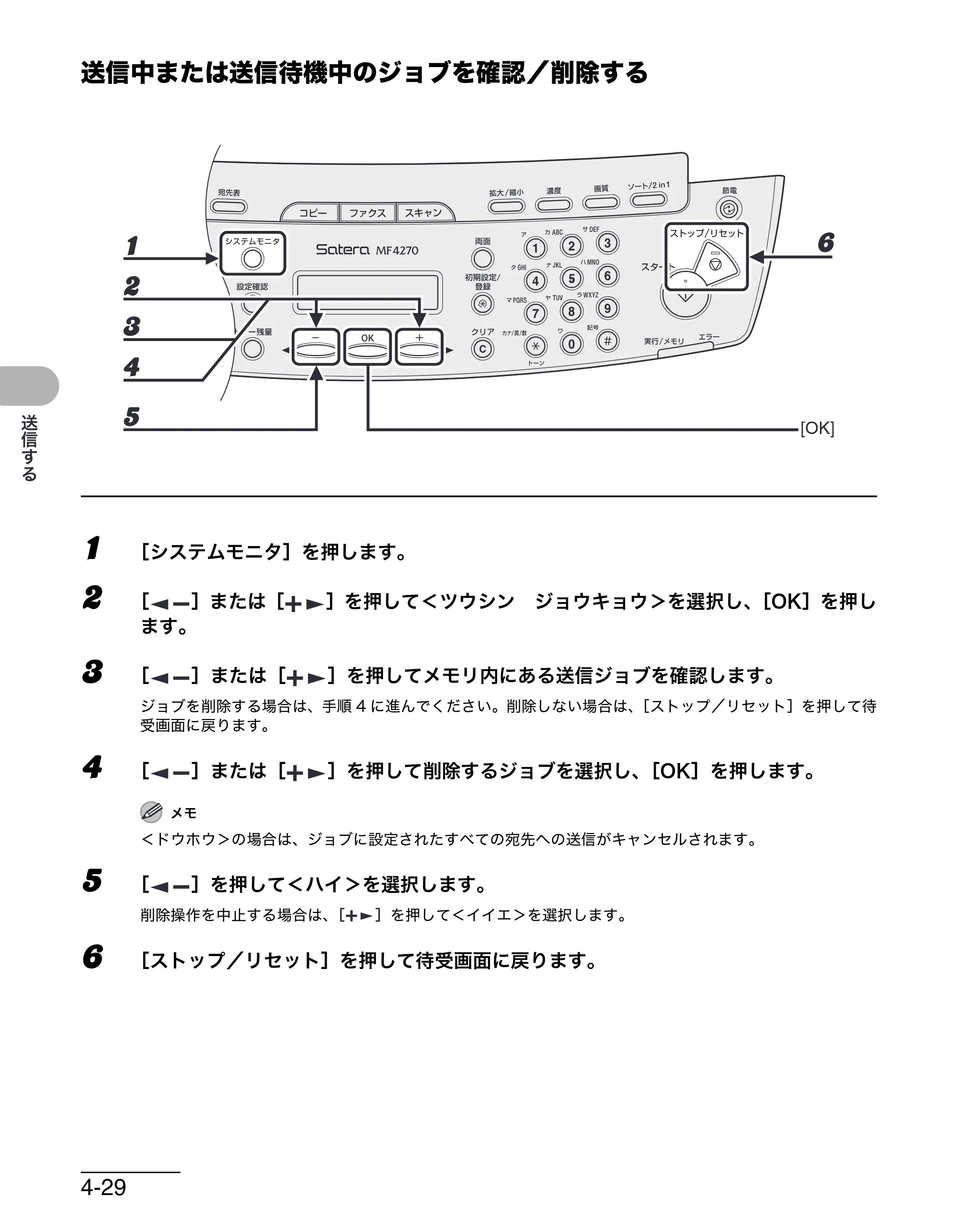キヤノン MF4270 操作ガイド（基本編） （PDF形式／10.37Mバイト） — 送信中または送信待機中のジョブを確認／削除する — 原本ページ — 97ページ