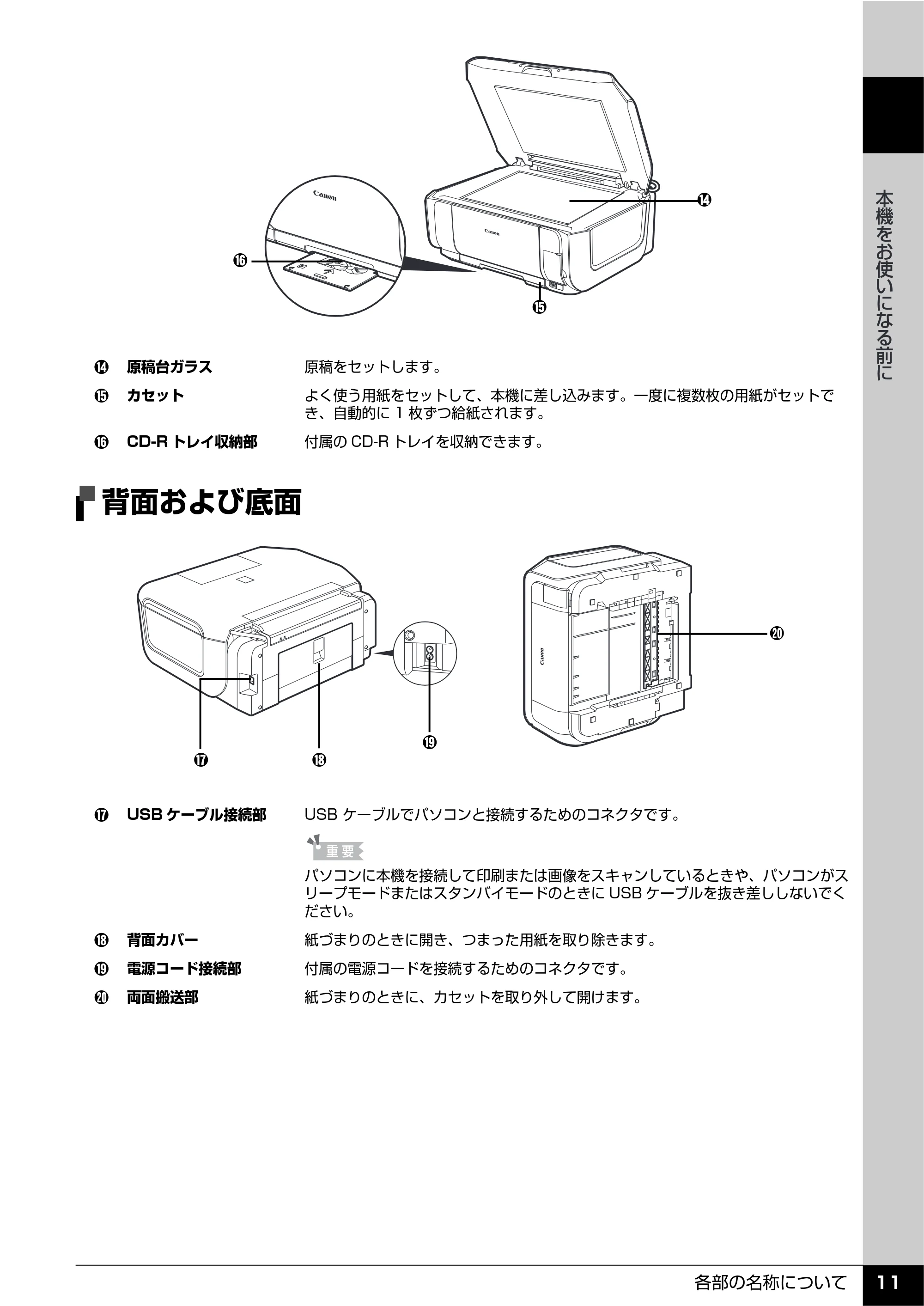 キヤノン PIXUS MP610 操作ガイド（本体操作編） （PDF形式／10.61Mバイト） — 背面および底面 — 原本ページ — 13ページ