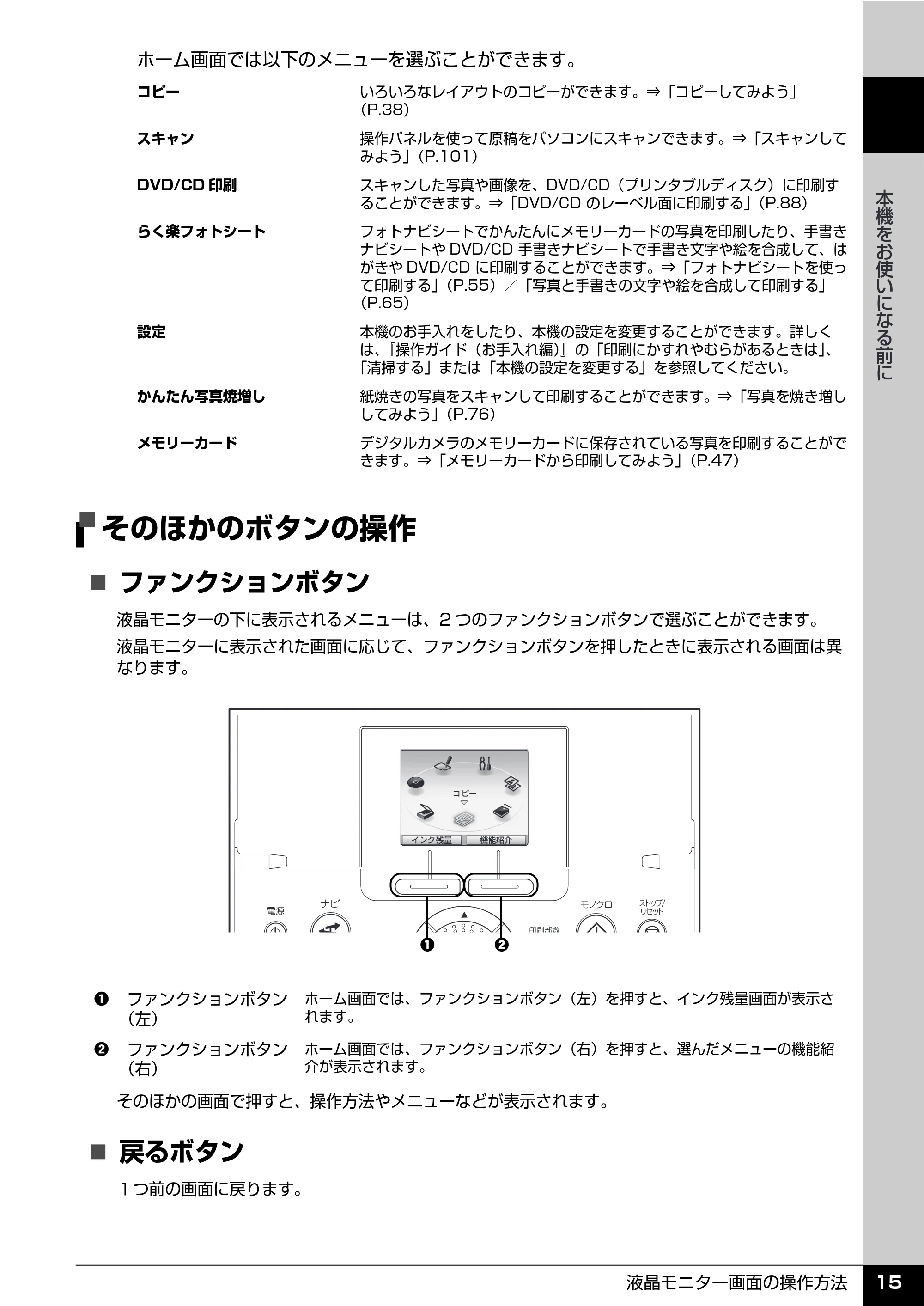 キヤノン PIXUS MP610 操作ガイド（本体操作編） （PDF形式／10.61Mバイト） — そのほかのボタンの操作 — 原本ページ — 17ページ