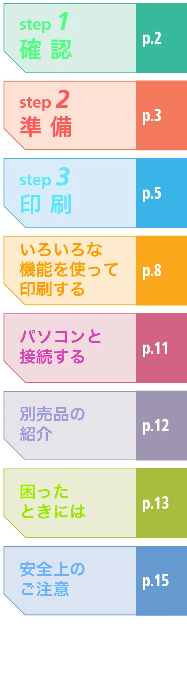 キヤノン SELPHY CP750/CP740 プリントガイド (PDF形式/1.67Mバイト) — step 1 確 認 — 図版 1-1 — 1ページ
