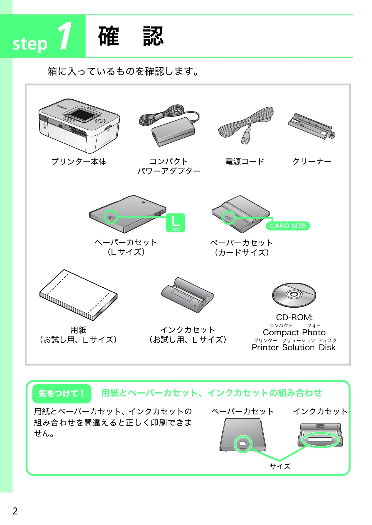 キヤノン SELPHY CP750/CP740 プリントガイド (PDF形式/1.67Mバイト) — step 1 確 認 — 図版 2-1 — 2ページ