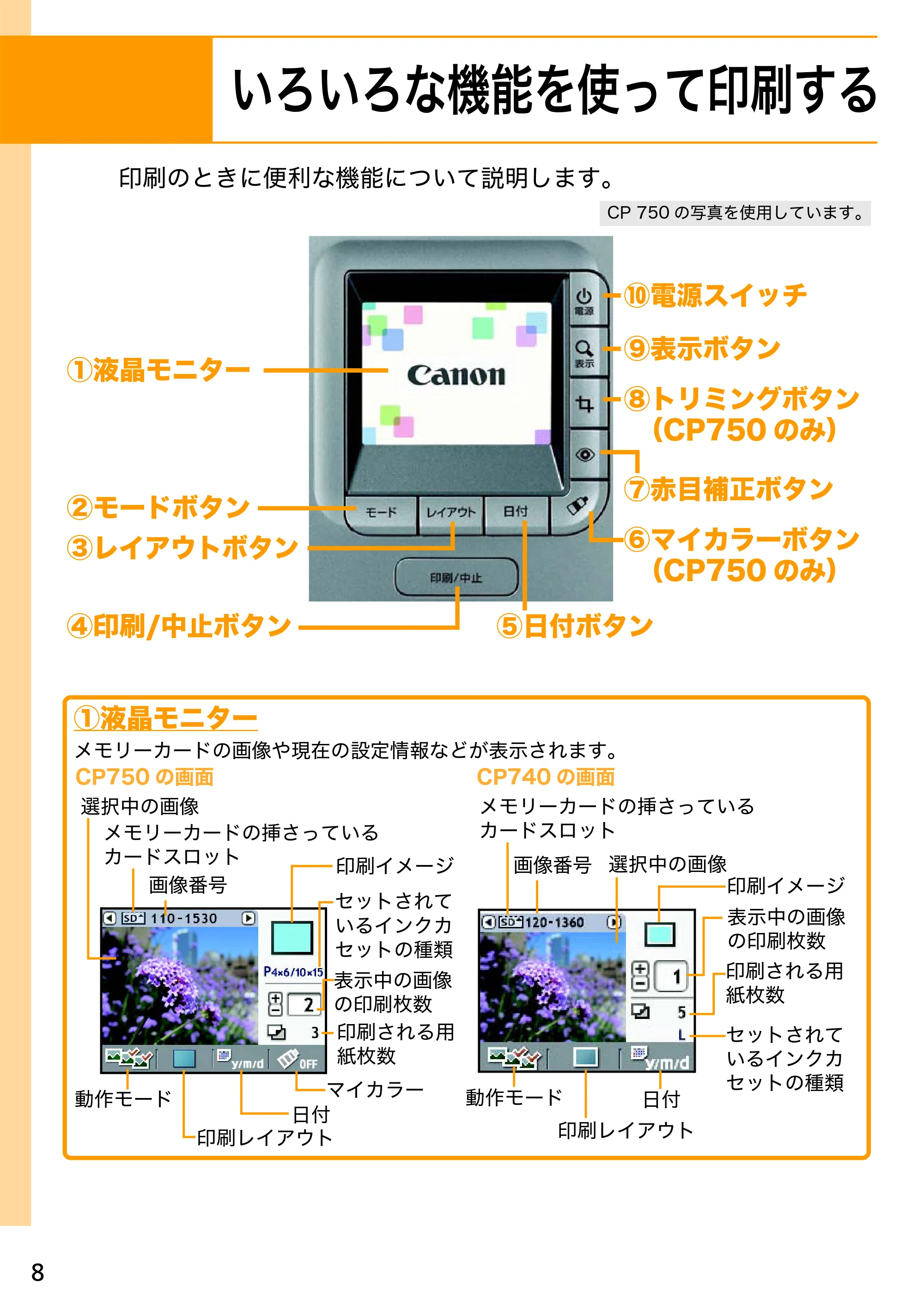 キヤノン SELPHY CP750/CP740 プリントガイド (PDF形式/1.67Mバイト) — いろいろな機能を使って印刷する — 原本ページ — 8ページ