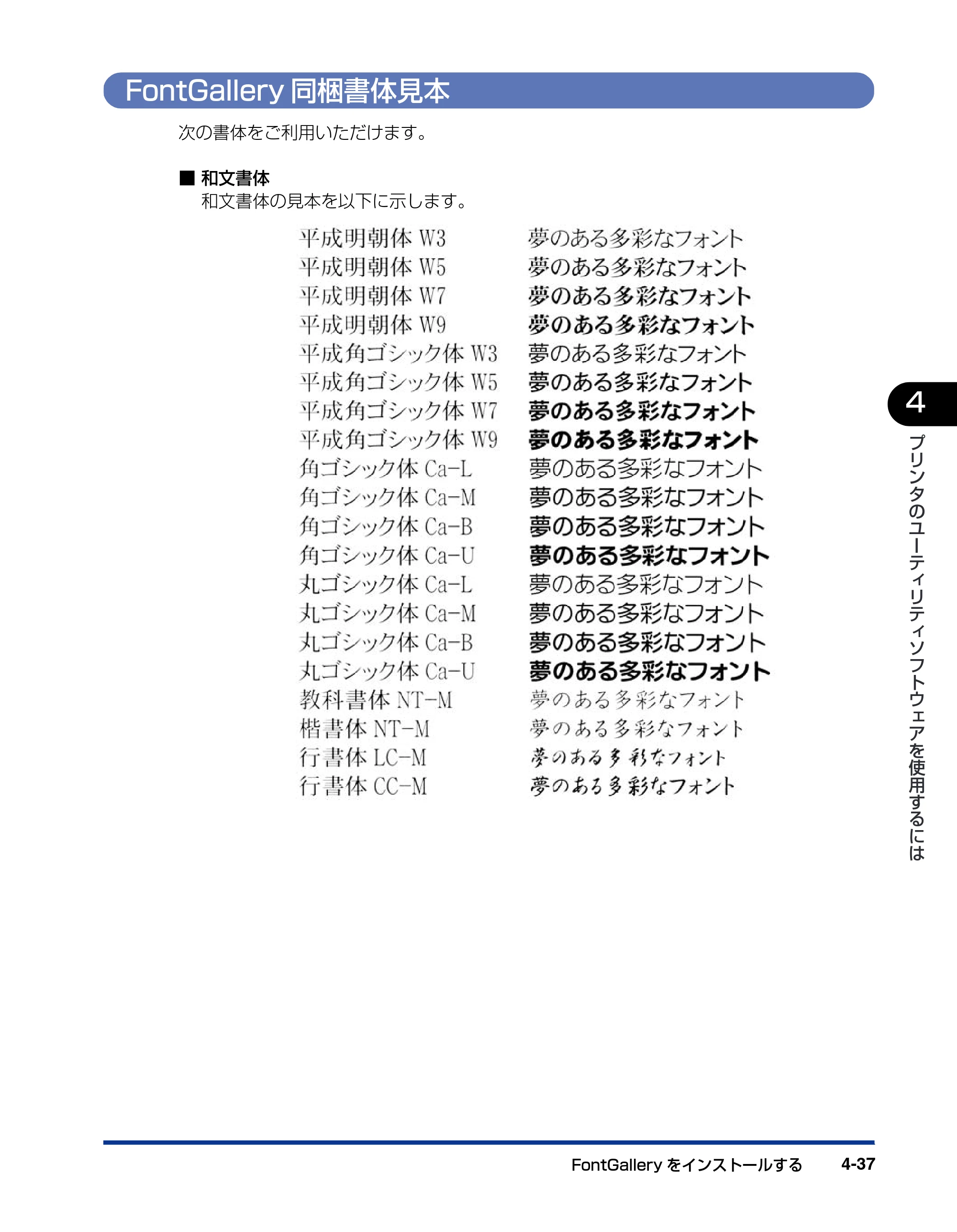 キヤノン BIJ2350/BIJ1350/BIJ1350D LIPS IVソフトウェアガイド （PDF形式／6.06Mバイト） — FontGallery同梱書体見本 — 原本ページ — 133ページ