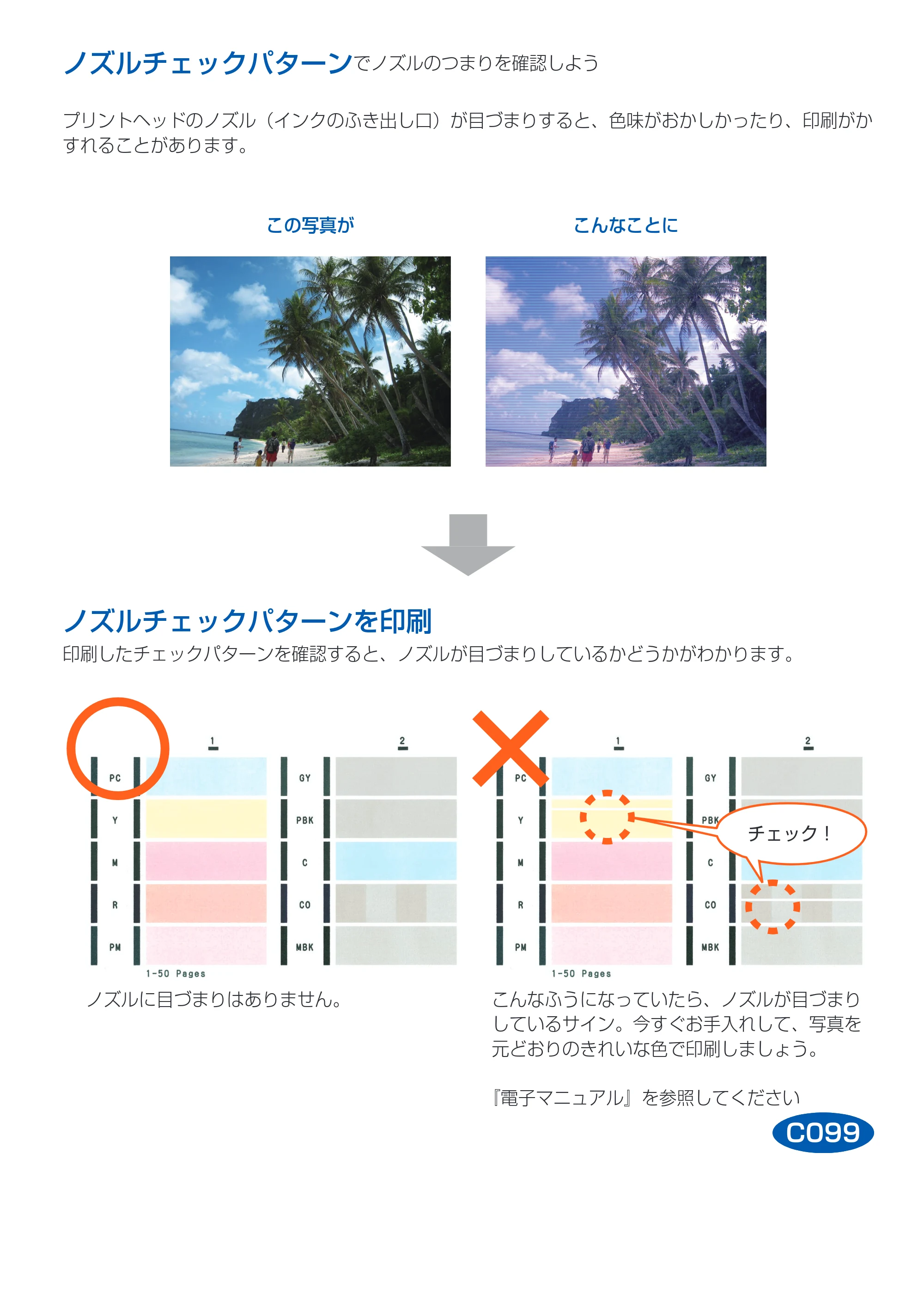 キヤノン PIXUS PRO-10 PIXUS早わかり（PDF：10.2MB） — ノズルチェックパターンでノズルのつまりを確認しよう — 原本ページ — 31ページ