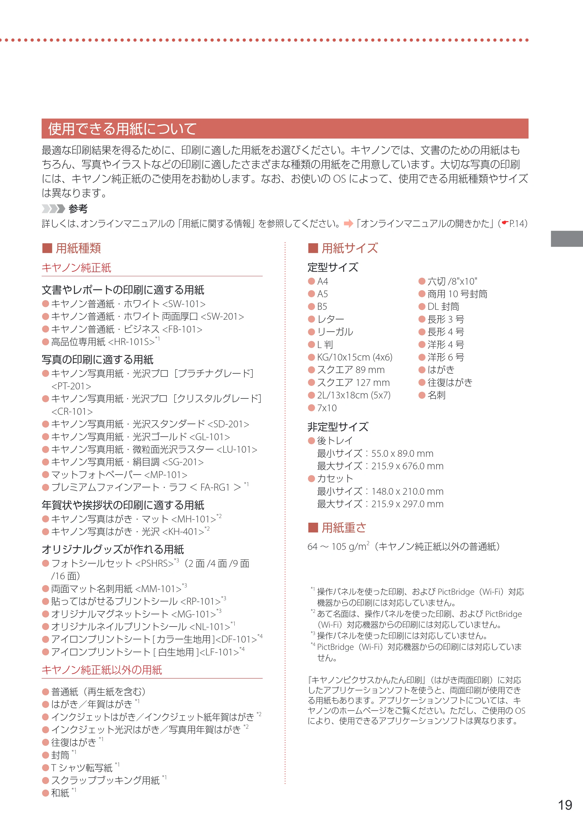 キヤノン PIXUS TS8430 設置・基本操作マニュアル 2020年8月27日掲載（PDF：6.74MB） — 使用できる用紙について — 原本ページ — 21ページ