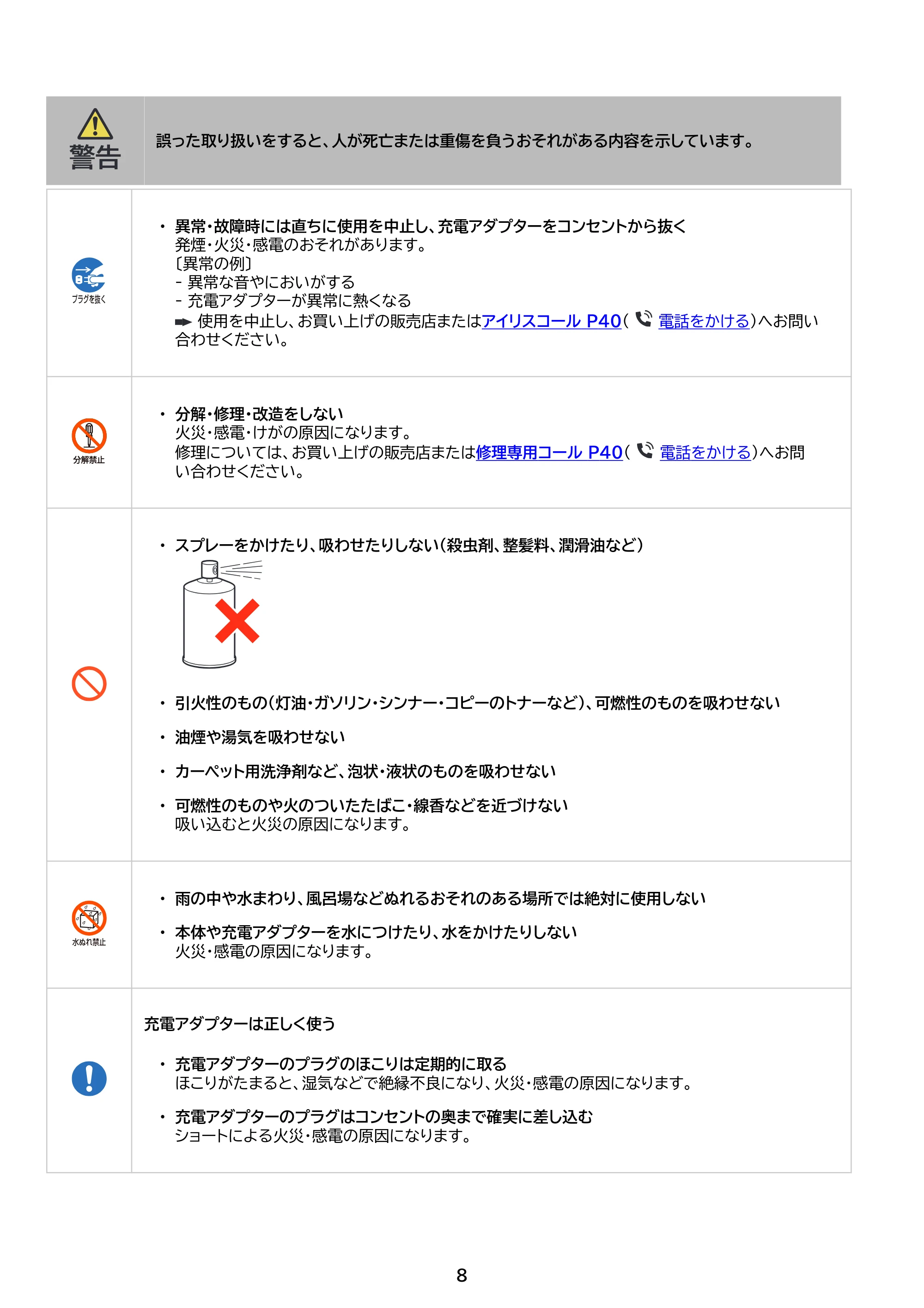 アイリスオーヤマ HBD-C1-WH 取扱説明書 — 原本ページ — 8ページ