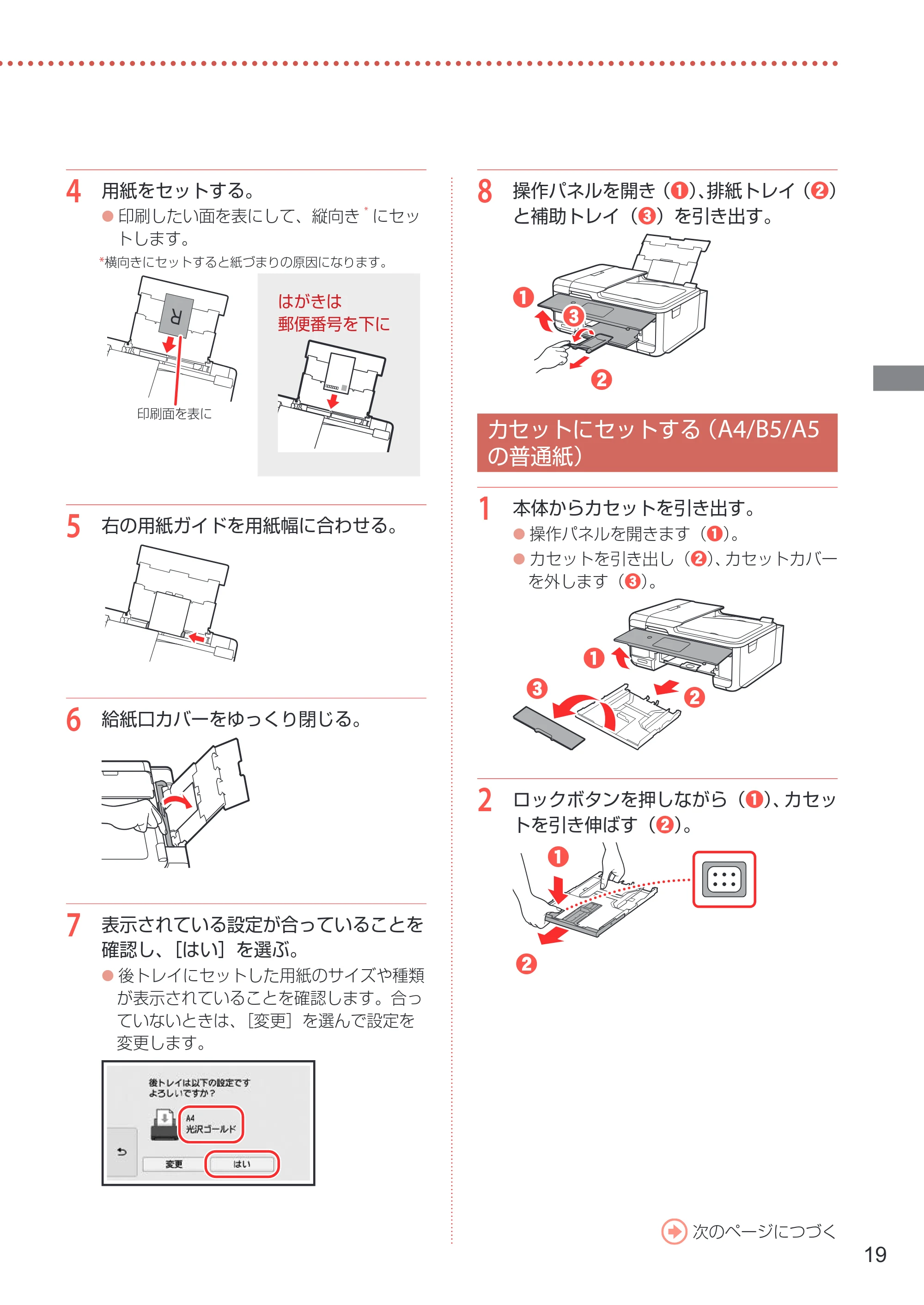 キヤノン TR8630/TR8630a 設置・基本操作マニュアル 2022年3月3日掲載(PDF:6.43MB) — カセットにセットする(A4/B5/A5の普通紙) — 原本ページ — 21ページ