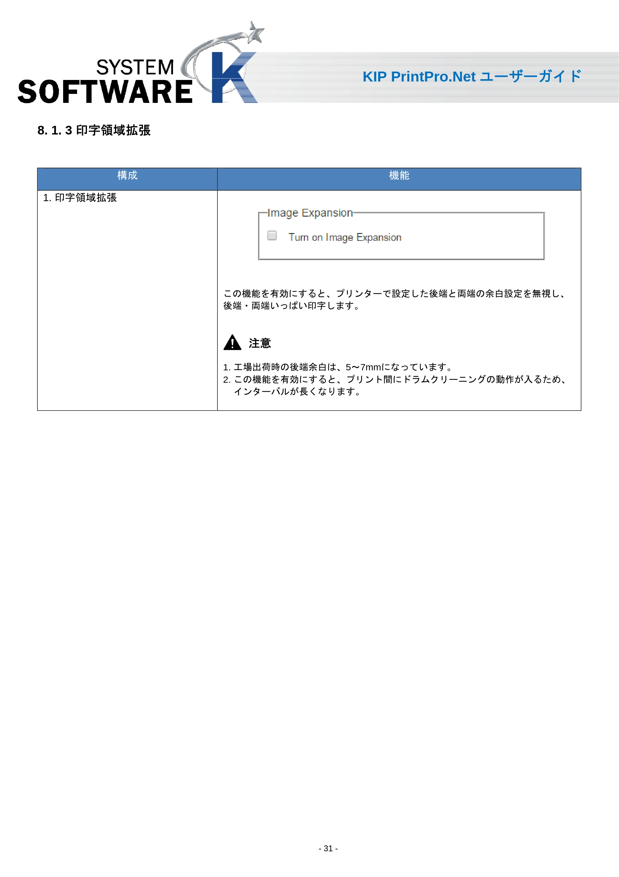 京セラ KIP 7170 KIP PrintPro.Net ユーザーガイド — 8. 1. 3 印字領域拡張 — 原本ページ — 33ページ