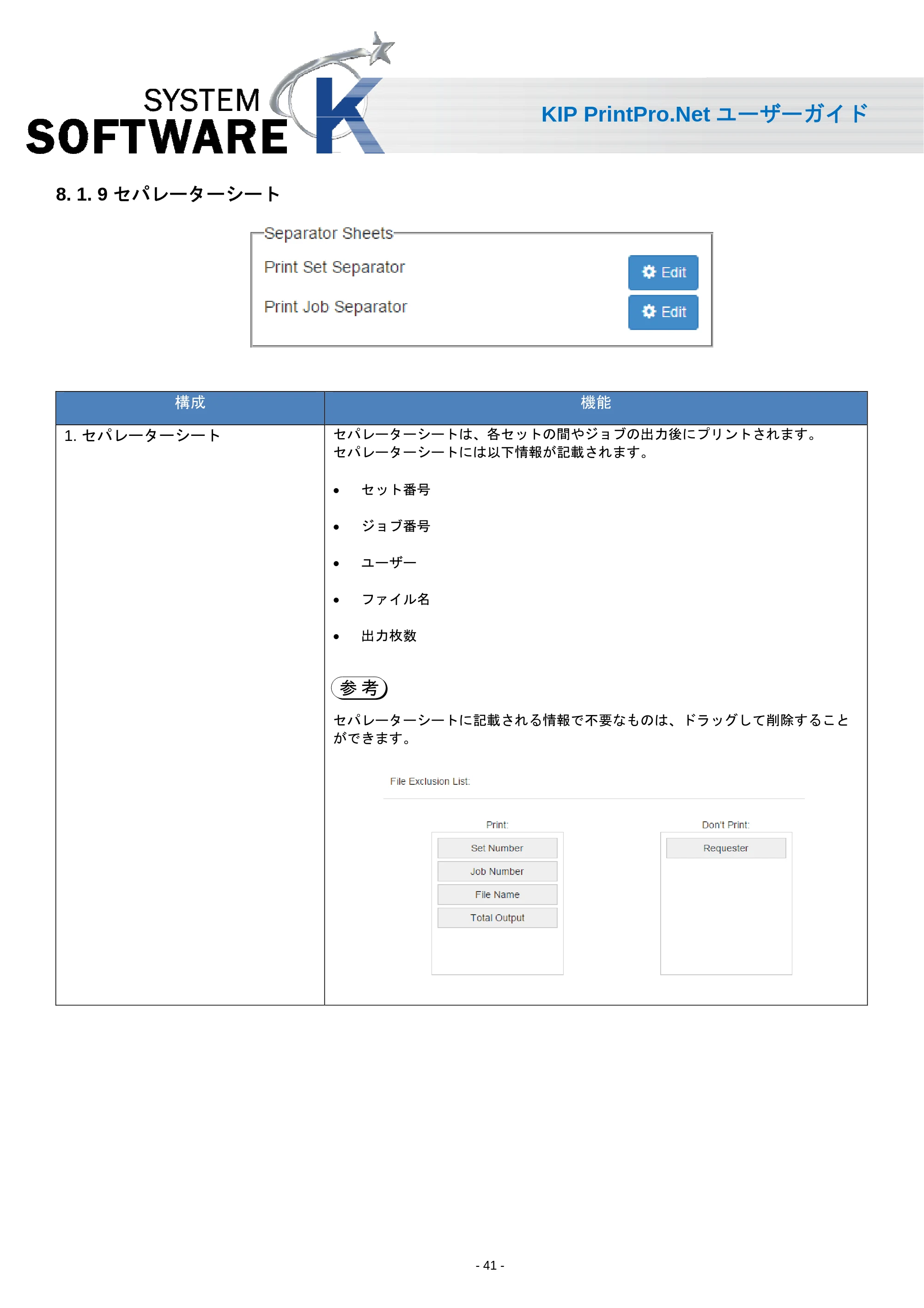 京セラ KIP 7170 KIP PrintPro.Net ユーザーガイド — 8. 1. 9 セパレーターシート — 原本ページ — 43ページ