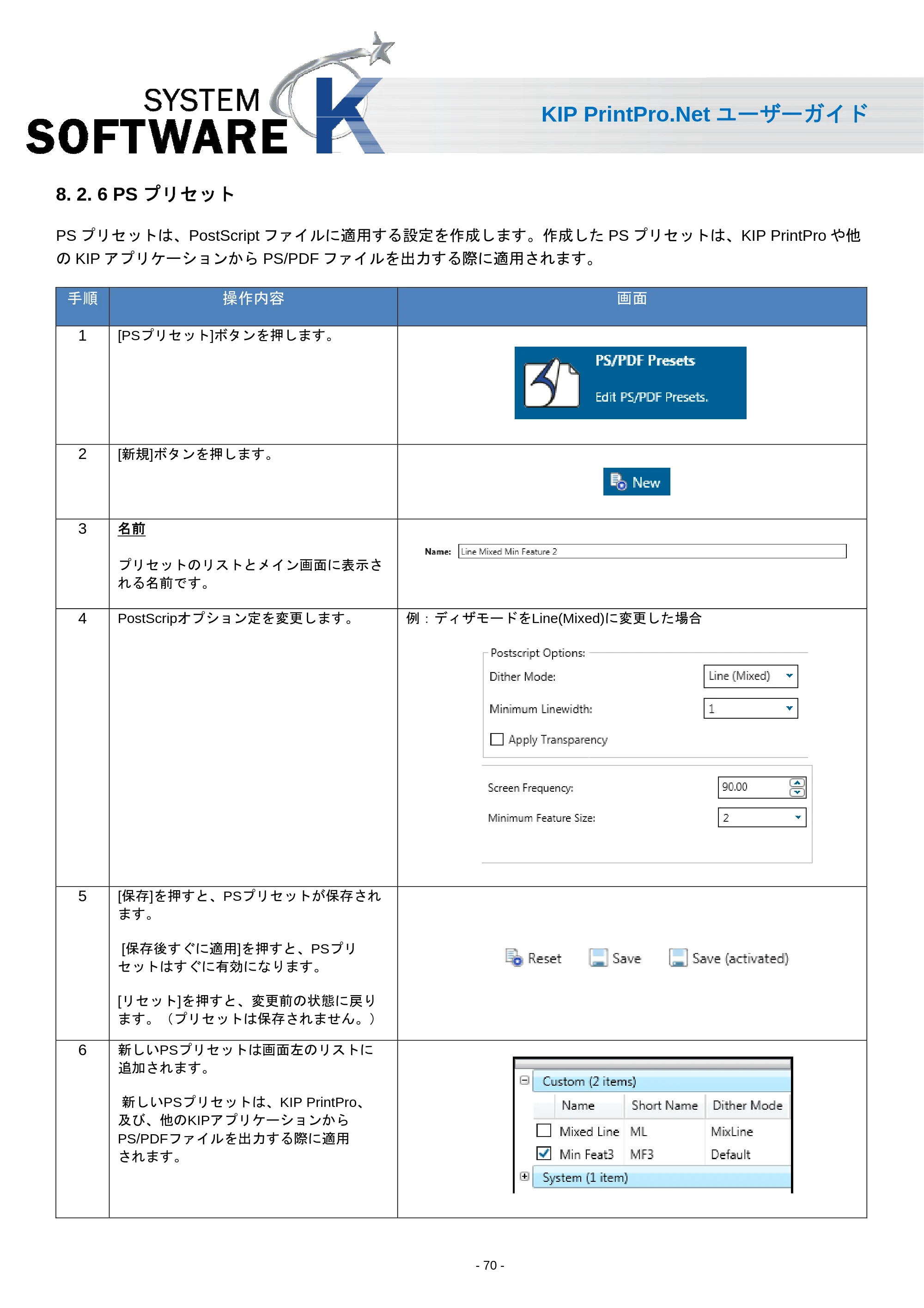 京セラ KIP 7170 KIP PrintPro.Net ユーザーガイド — 8. 2. 6 PS プリセット — 原本ページ — 72ページ