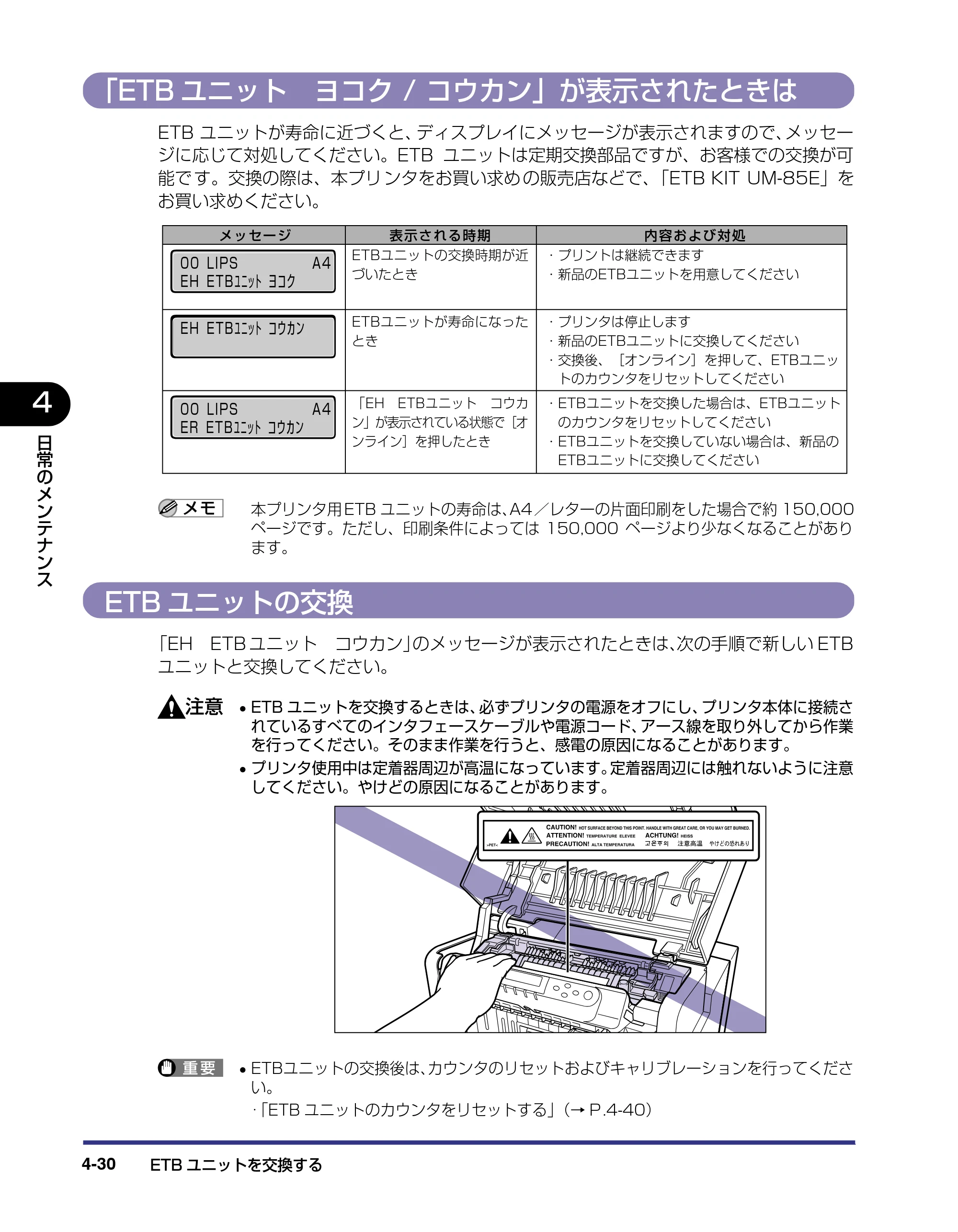 キヤノン LBP5500 ユーザーズガイド 2006年5月25日更新 （PDF形式／7.84Mバイト） — 「ETBユニット ヨコク / コウカン」が表示されたときは — 原本ページ — 158ページ