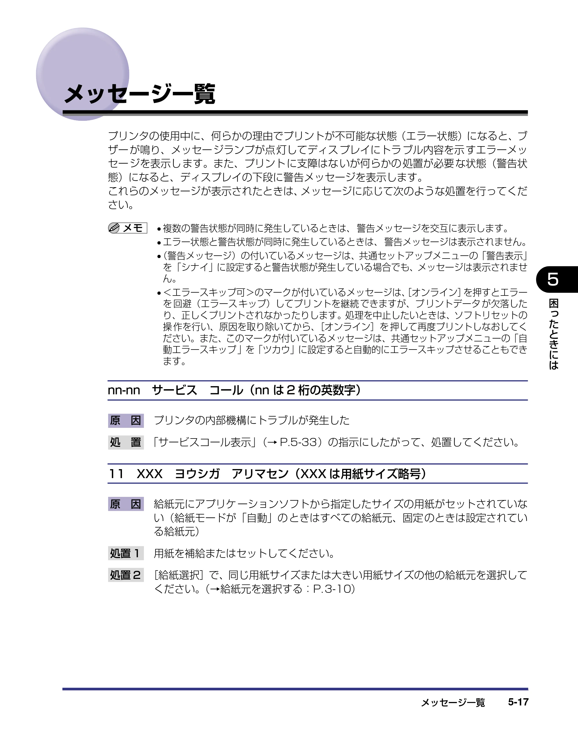 キヤノン LBP5500 ユーザーズガイド 2006年5月25日更新 （PDF形式／7.84Mバイト） — メッセージ一覧 — 原本ページ — 199ページ