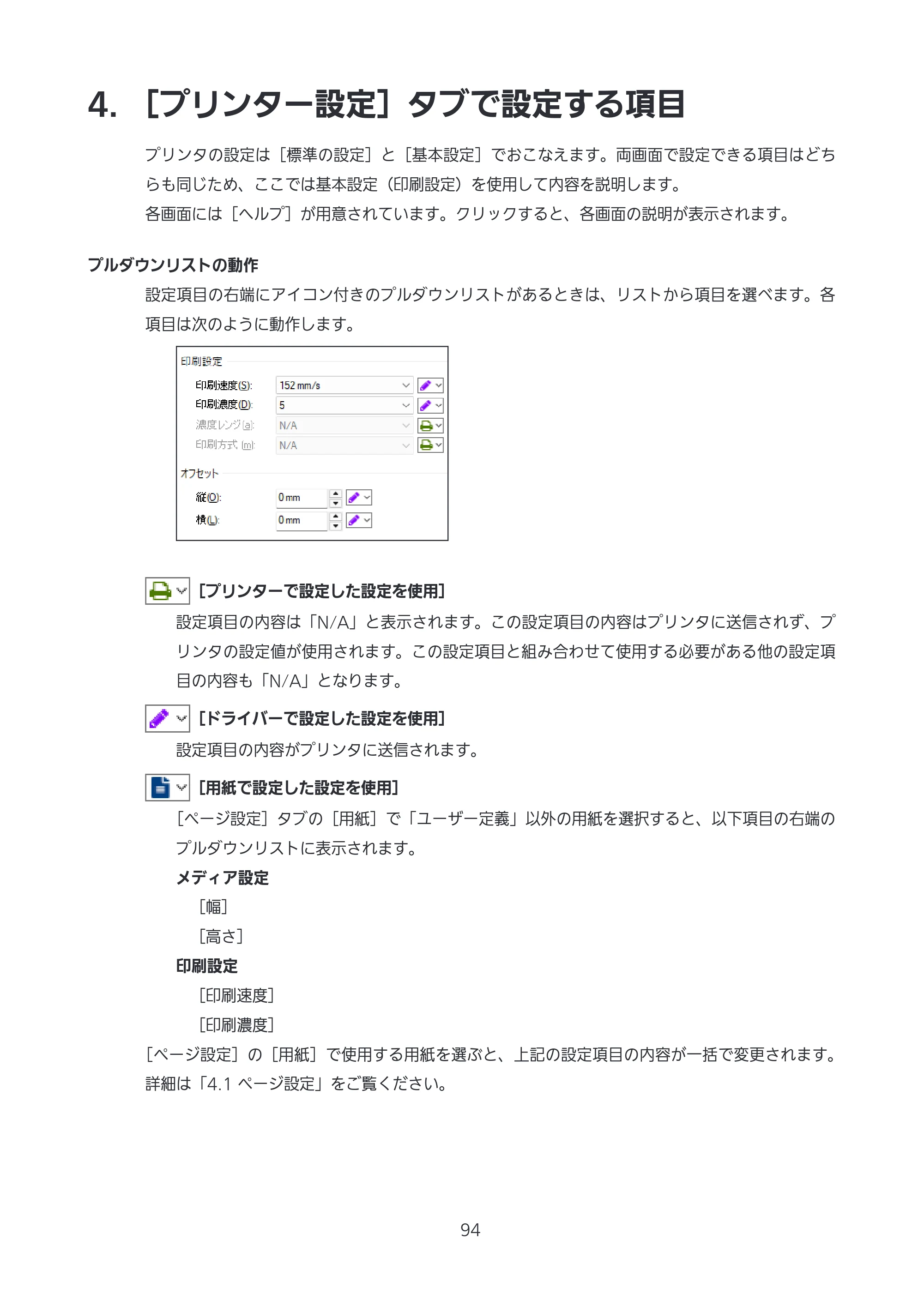 サトー CL4-SXR / CL4NX-J Plus / CL4NX-J プリンタドライバ説明書 — 4. ［プリンター設定］タブで設定する項目 — 原本ページ — 94ページ