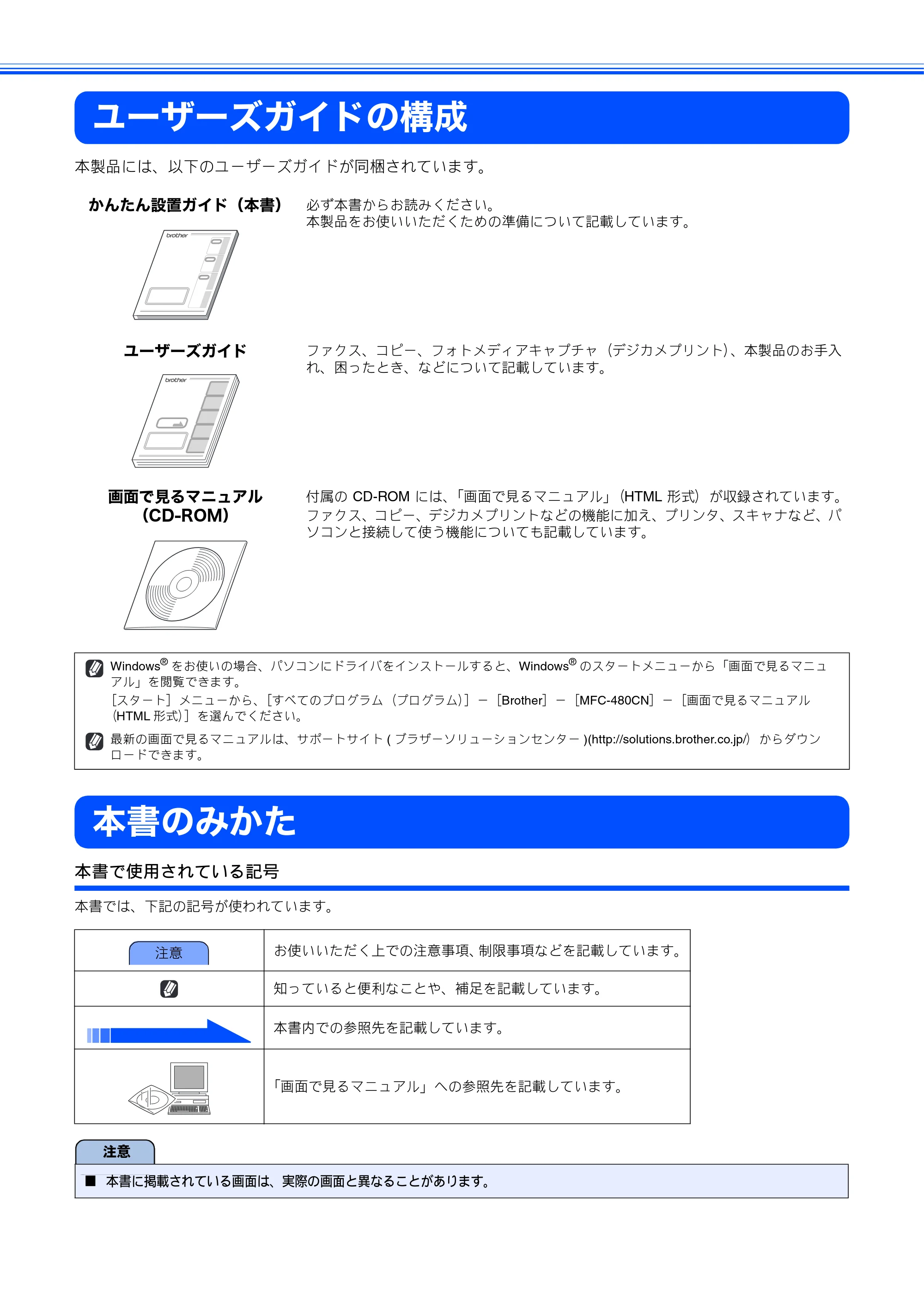ブラザー MFC-480CN かんたん設置ガイド — ユーザーズガイドの構成 — 原本ページ — 2ページ