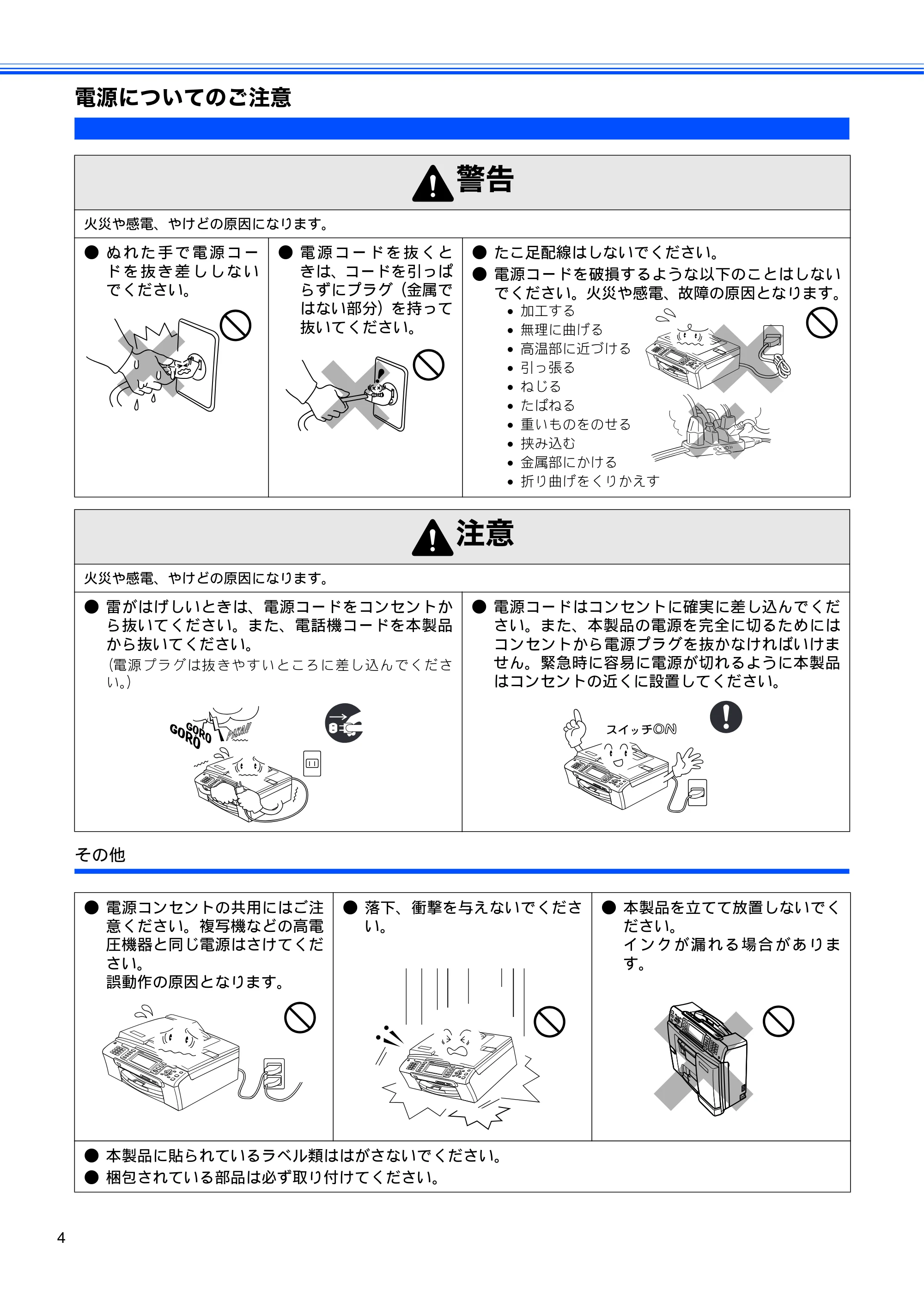 ブラザー MFC-480CN かんたん設置ガイド — 電源についてのご注意 — 原本ページ — 6ページ
