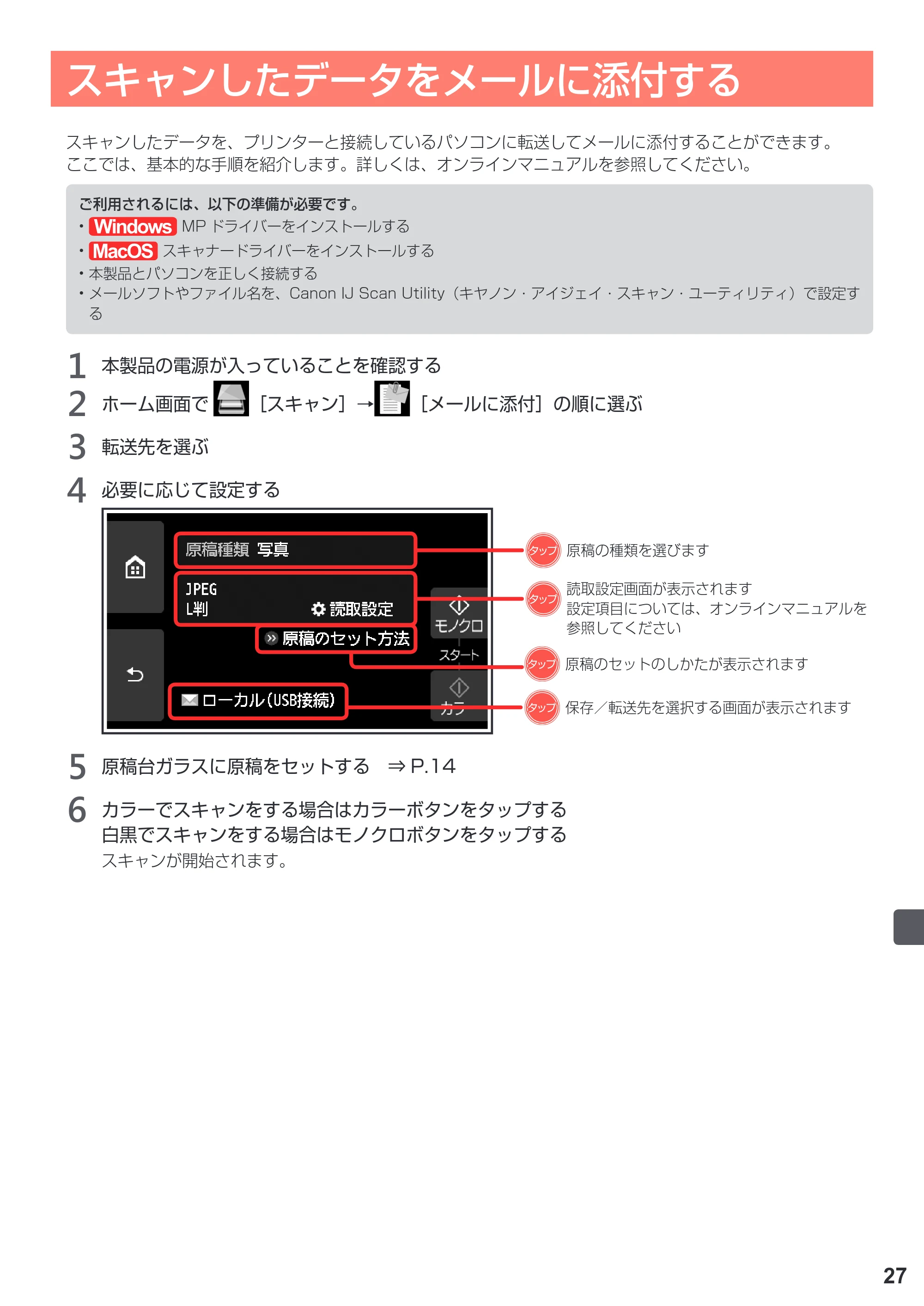 キヤノン PIXUS TS9030 設置・基本操作マニュアル（PDF：5.24MB） — スキャンしたデータをメールに添付する — 原本ページ — 29ページ