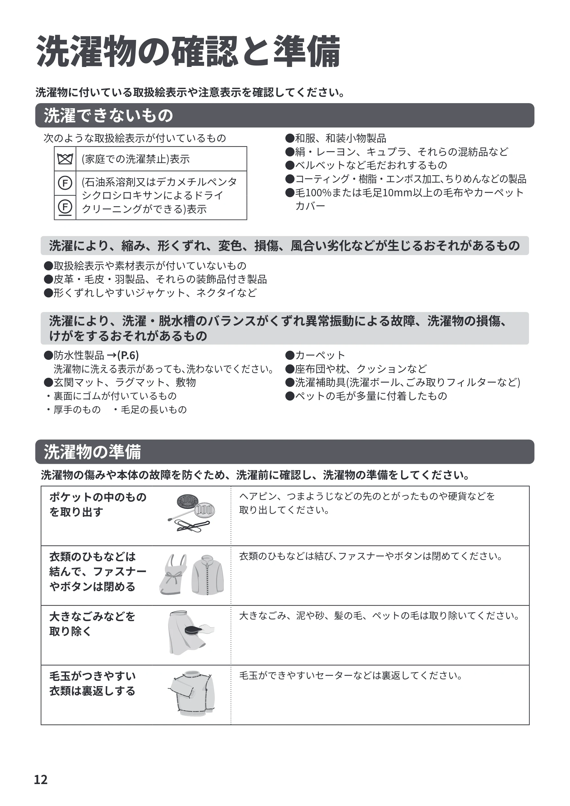 日立 BW-X100P / BW-X90P 取扱説明書 — 洗濯物の確認と準備 — 原本ページ — 12ページ