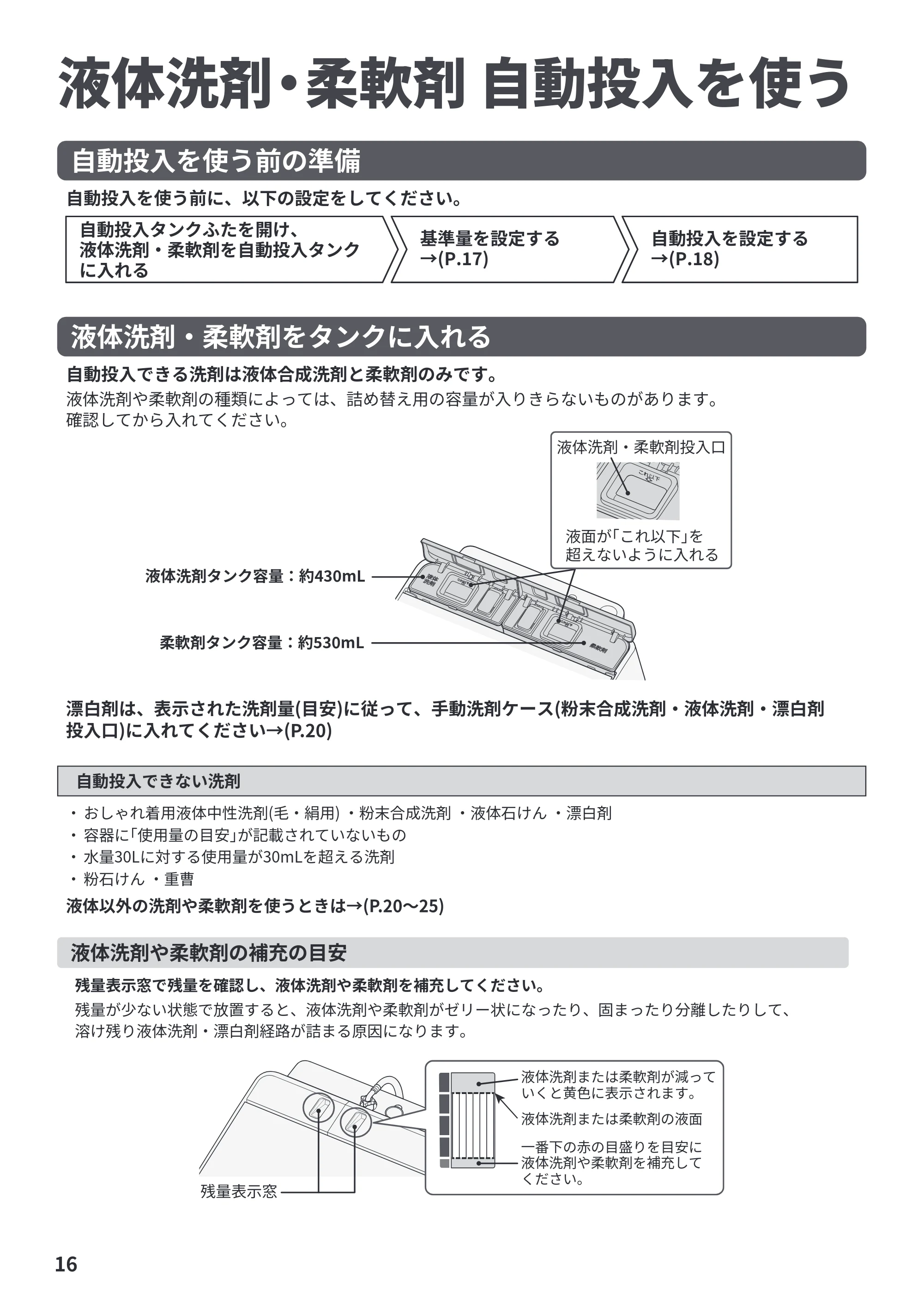 日立 BW-X100P / BW-X90P 取扱説明書 — 液体洗剤・柔軟剤 自動投入を使う — 原本ページ — 16ページ