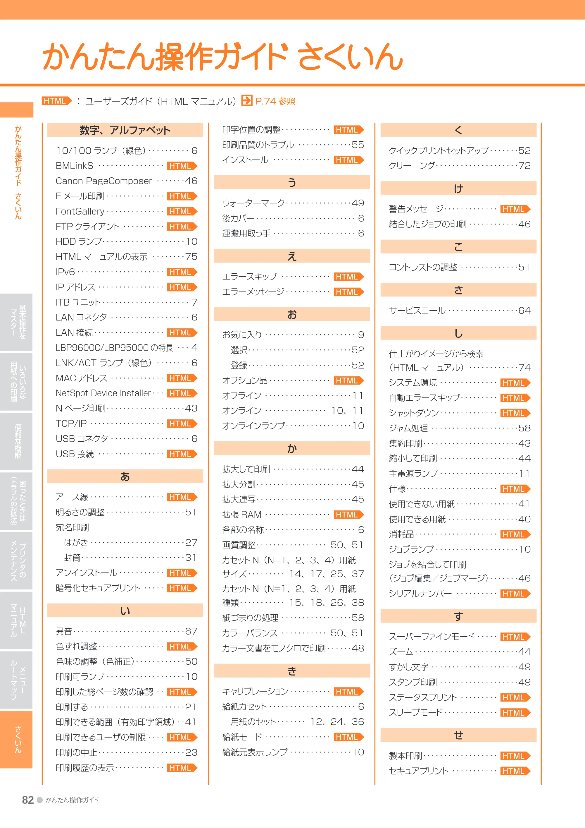 キヤノン LBP9600C/9500C かんたん操作ガイド 2009年12月18日更新 （PDF形式／19.35Mバイト） — かんたん操作ガイド さくいん — 原本ページ — 82ページ