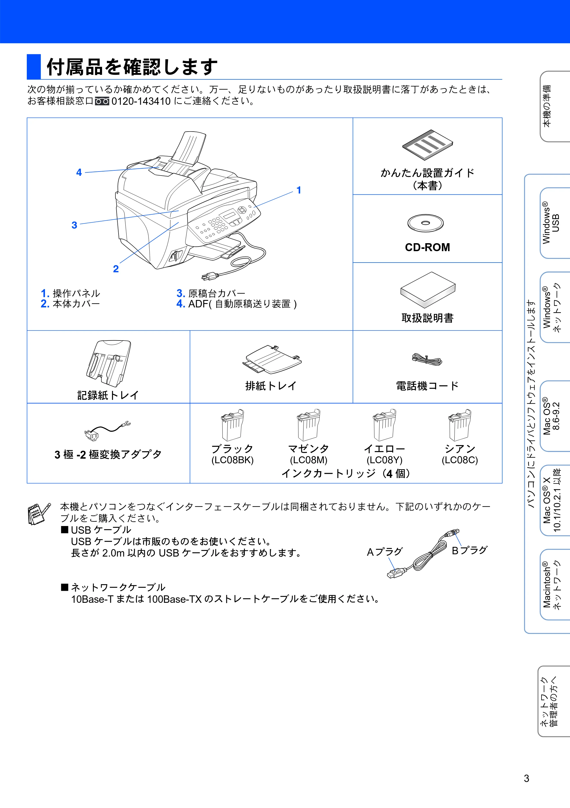 ブラザー MFC-3820JN かんたん設置ガイド — 付属品を確認します — 原本ページ — 3ページ