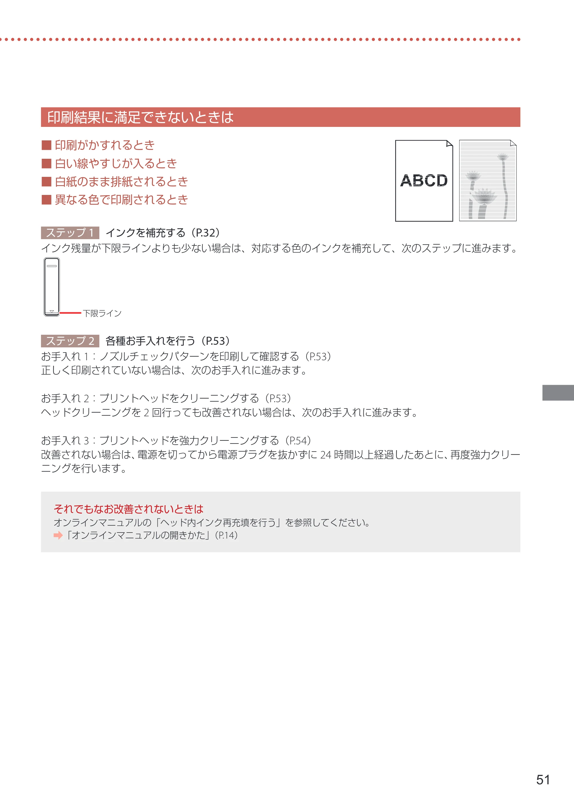 キヤノン GX7130 設置・基本操作マニュアル 2025年3月11日掲載（PDF：6.5MB） — 印刷結果に満足できないときは — 原本ページ — 53ページ