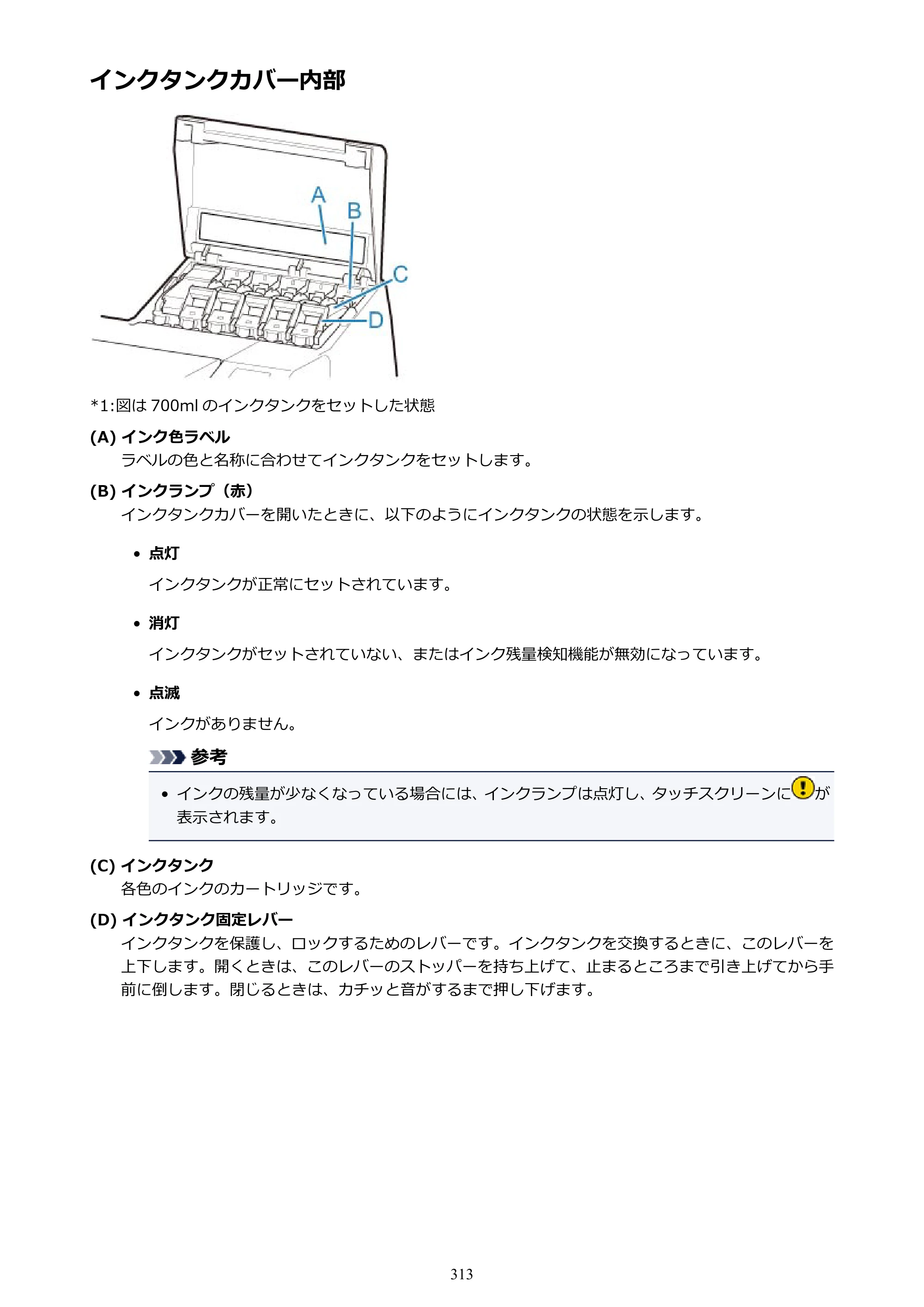キヤノン TX-2000/TX-3000/TX-4000/TX-2000 MFP/TX-3000 MFP/TX-4000 MFP TX-2000 オンラインマニュアル PDF版（Mac版）2021年7月1日掲載（PDF：22.1MB） — インクタンクカバー内部 — 原本ページ — 313ページ