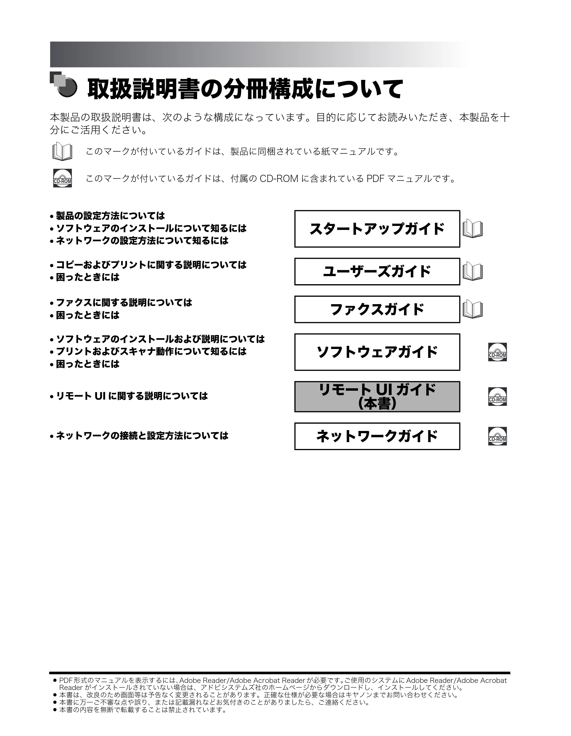 キヤノン MF8180 リモートUIガイド （PDF形式／3.62Mバイト） — 取扱説明書の分冊構成について — 原本ページ — 2ページ