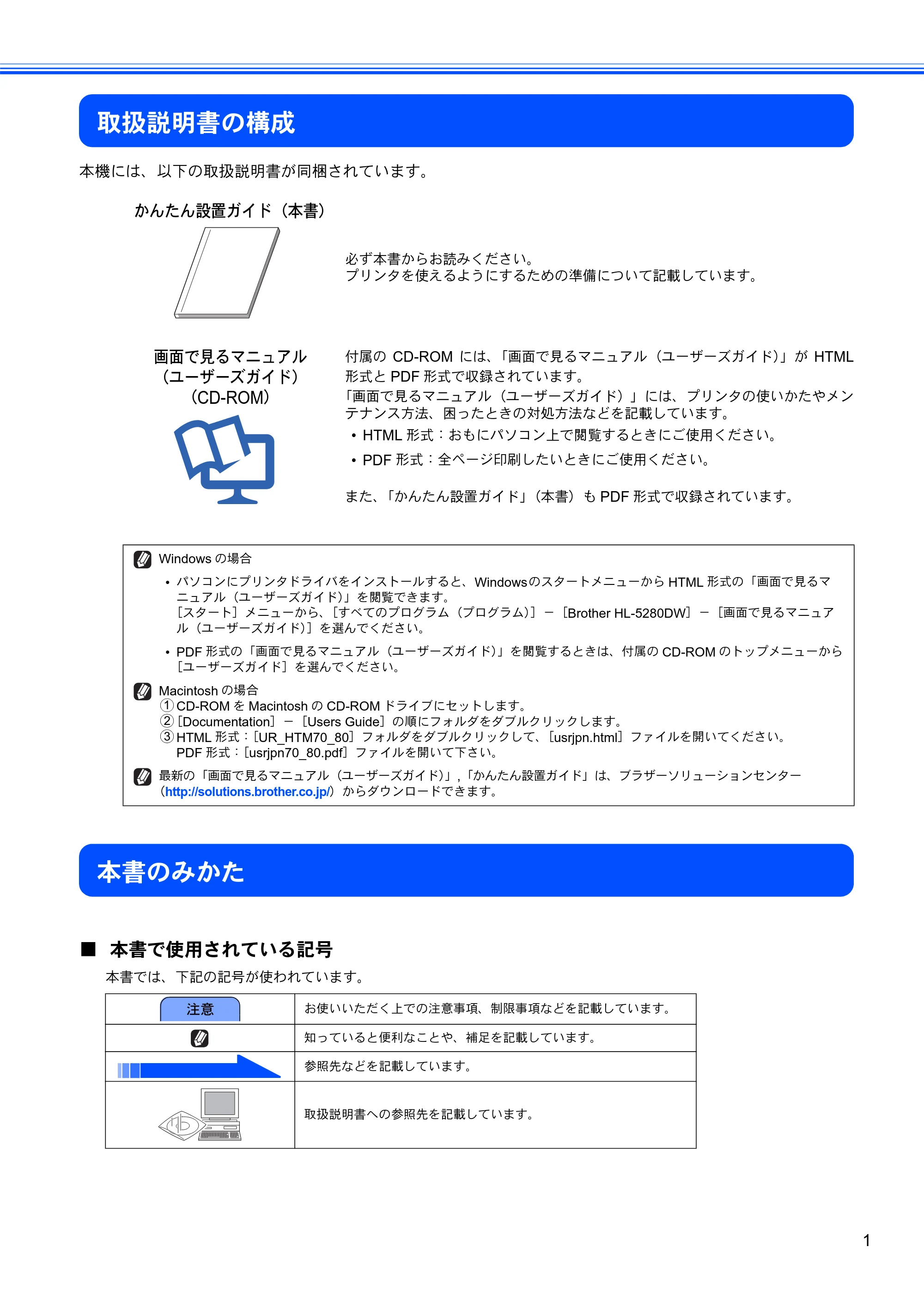 ブラザー HL-5280DW かんたん設置ガイド — 取扱説明書の構成 — 原本ページ — 2ページ