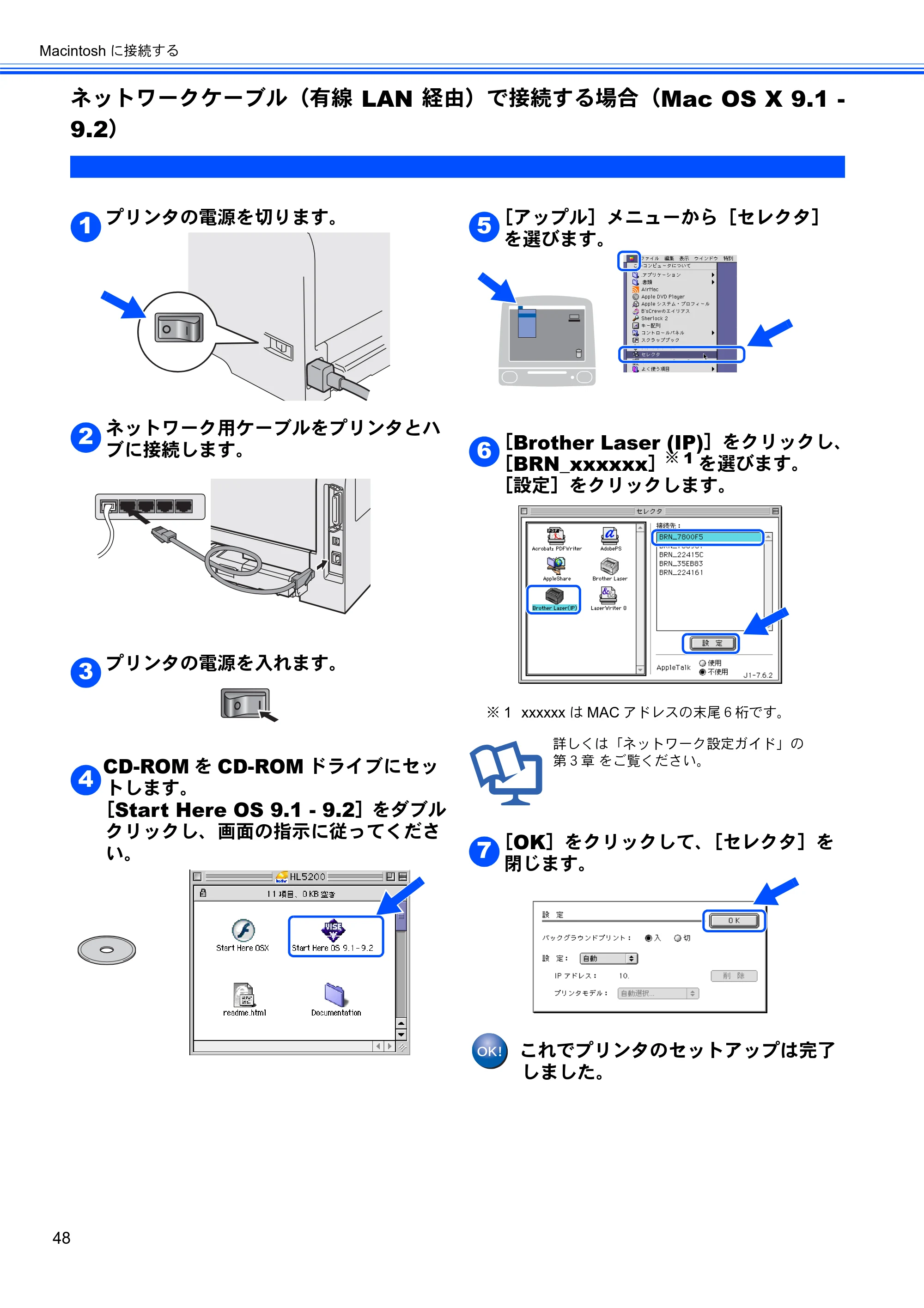 ブラザー HL-5280DW かんたん設置ガイド — ネットワークケーブル（有線LAN経由）で接続する場合（Mac OS X 9.1 - 9.2） — 原本ページ — 49ページ