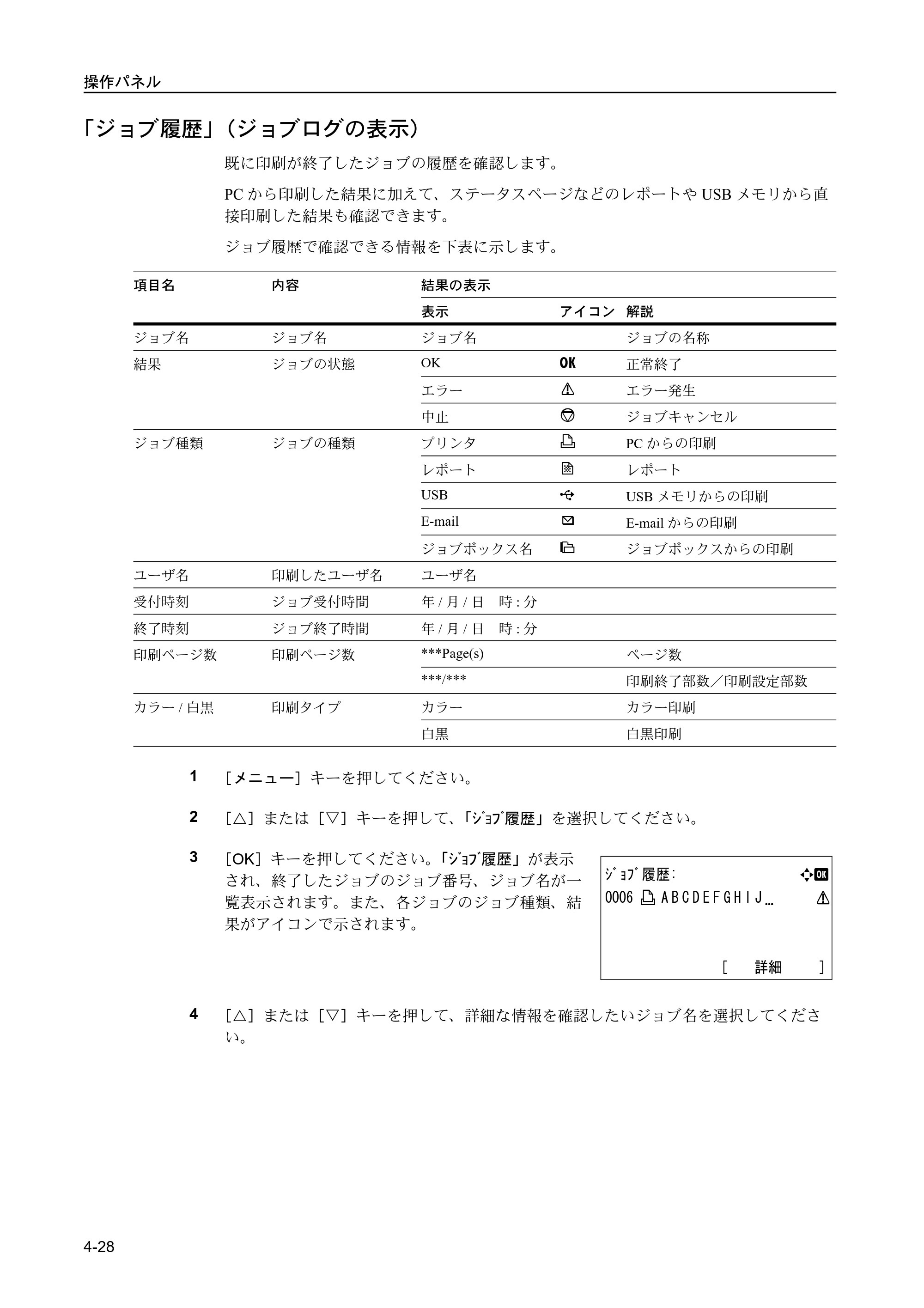 京セラ FS-C5400DN FS-C5400DN 使用説明書 — 「ジョブ履歴」（ジョブログの表示） — 原本ページ — 84ページ