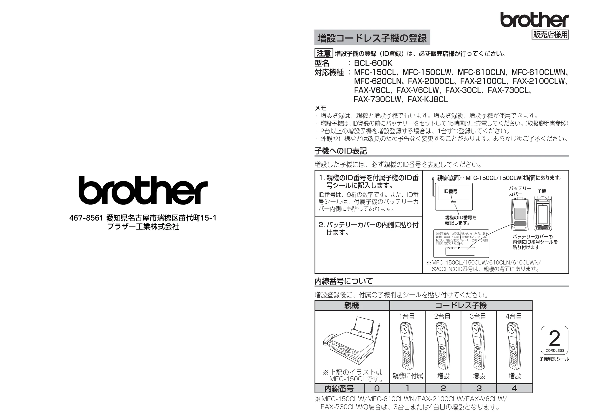 ブラザー MFC-150CL / MFC-150CLW / MFC-610CLN 増設コードレス子機取扱説明書 — 増設コードレス子機の登録 — 原本ページ — 1ページ