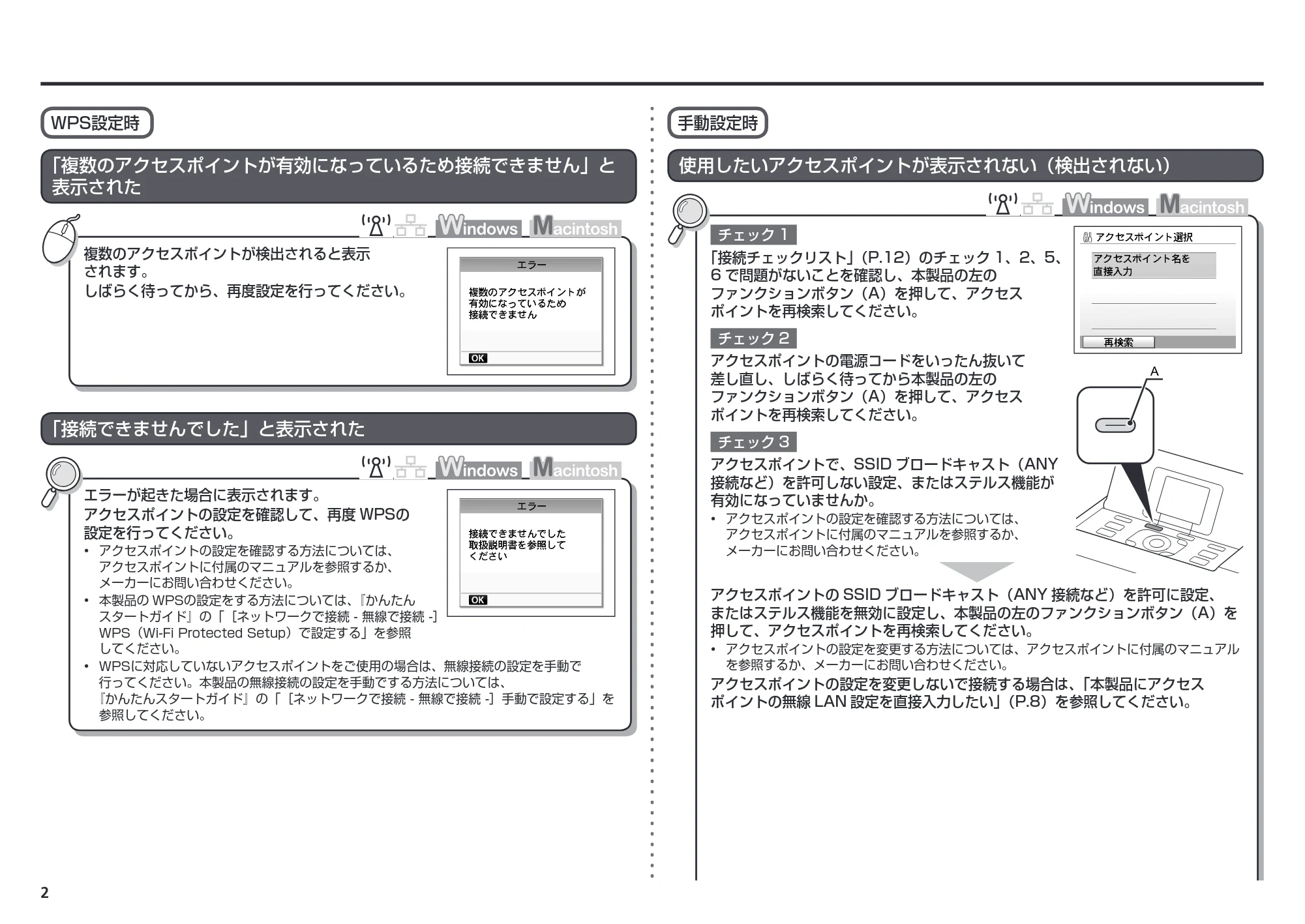 キヤノン PIXUS MP640 ネットワーク設置で困ったときには (PDF形式/3.11Mバイト) — WPS設定時 — 原本ページ — 4ページ