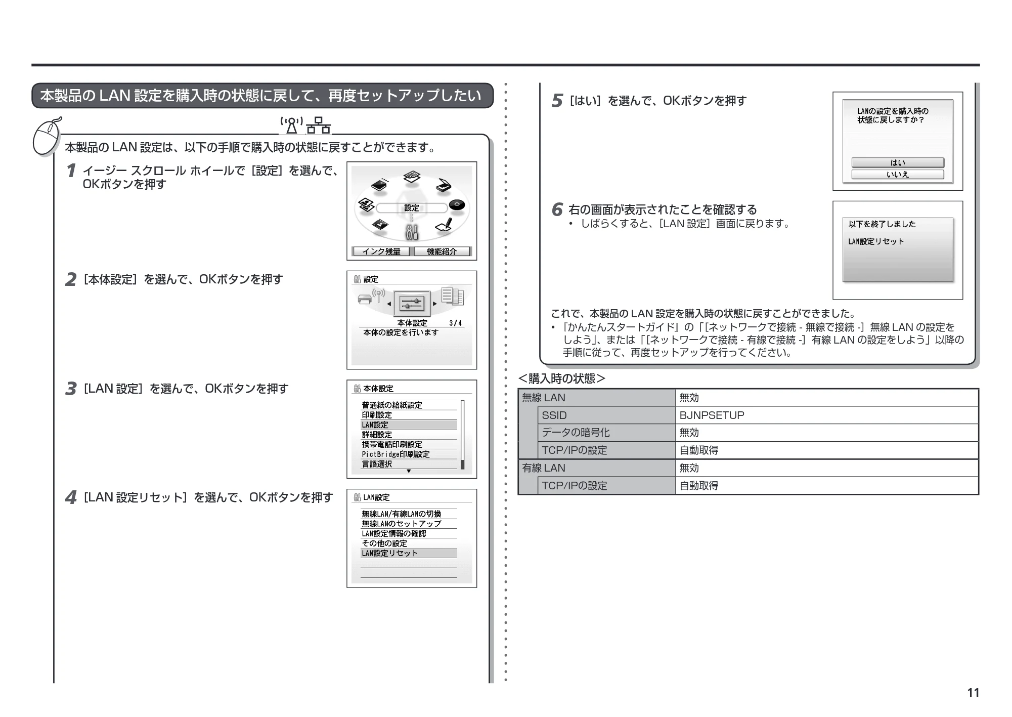 キヤノン PIXUS MP640 ネットワーク設置で困ったときには (PDF形式/3.11Mバイト) — 本製品のLAN設定を購入時の状態に戻して、再度セットアップしたい — 原本ページ — 13ページ