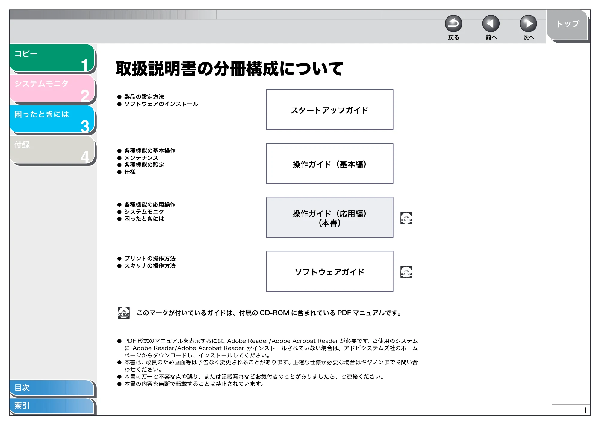 キヤノン MF3220 操作ガイド （応用編） （PDF形式／2.4Mバイト） — 取扱説明書の分冊構成について — 原本ページ — 2ページ