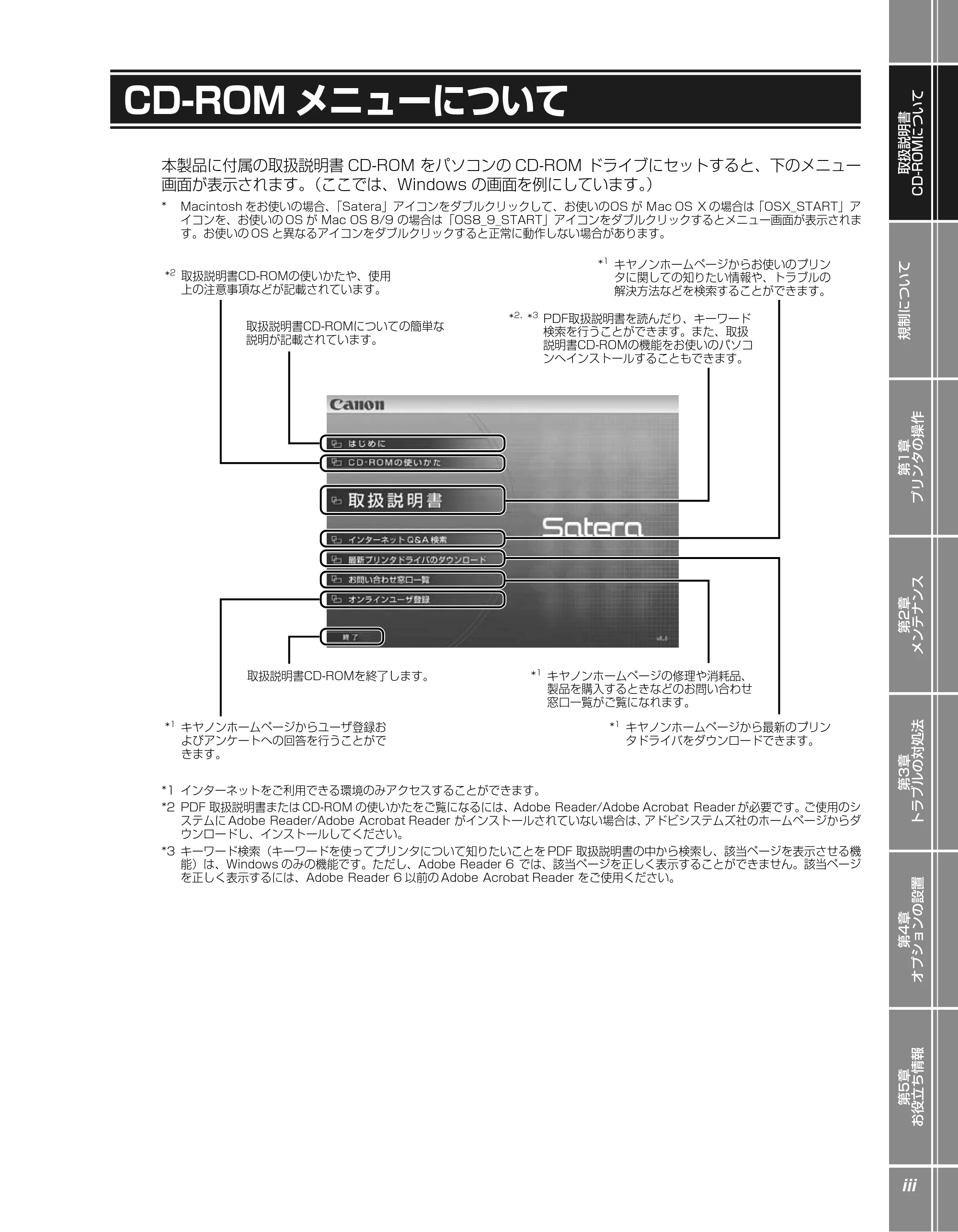 キヤノン LBP3950/3900 かんたん操作ガイド 2006年2月8日掲載 (PDF形式/4.62Mバイト) — CD-ROMメニューについて — 原本ページ — 5ページ