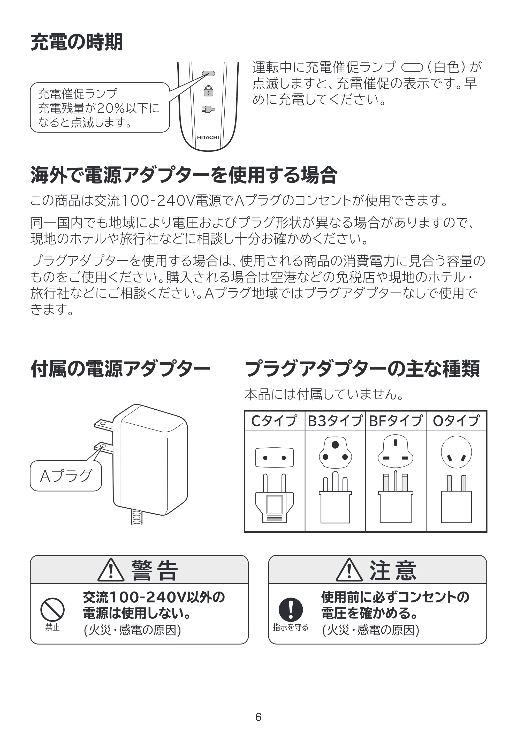 日立 RMH-F470B 取扱説明書 — 充電の時期 — 原本ページ — 6ページ