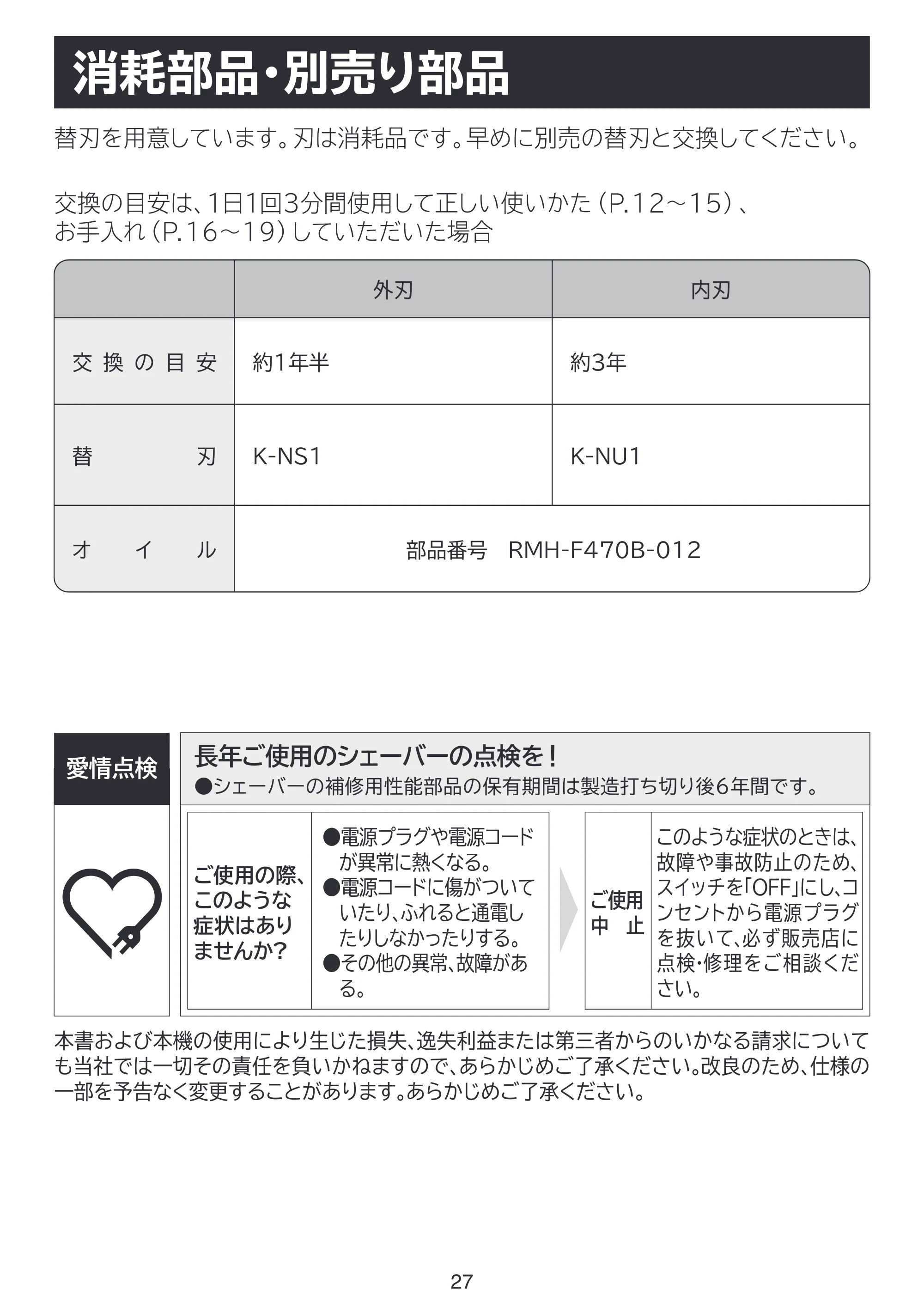 日立 RMH-F470B 取扱説明書 — 消耗部品・別売り部品 — 原本ページ — 27ページ