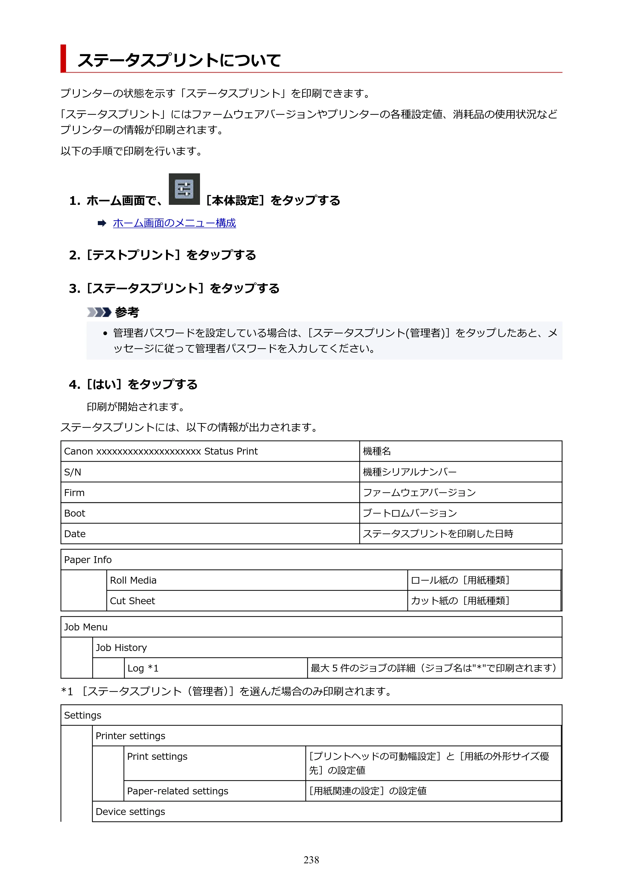 キヤノン GP-2000/GP-4000 GP-4000／GP-2000 （PDF） 電子マニュアル（Mac）2025年5月29日更新（PDF：9.99MB） — ステータスプリントについて — 原本ページ — 238ページ
