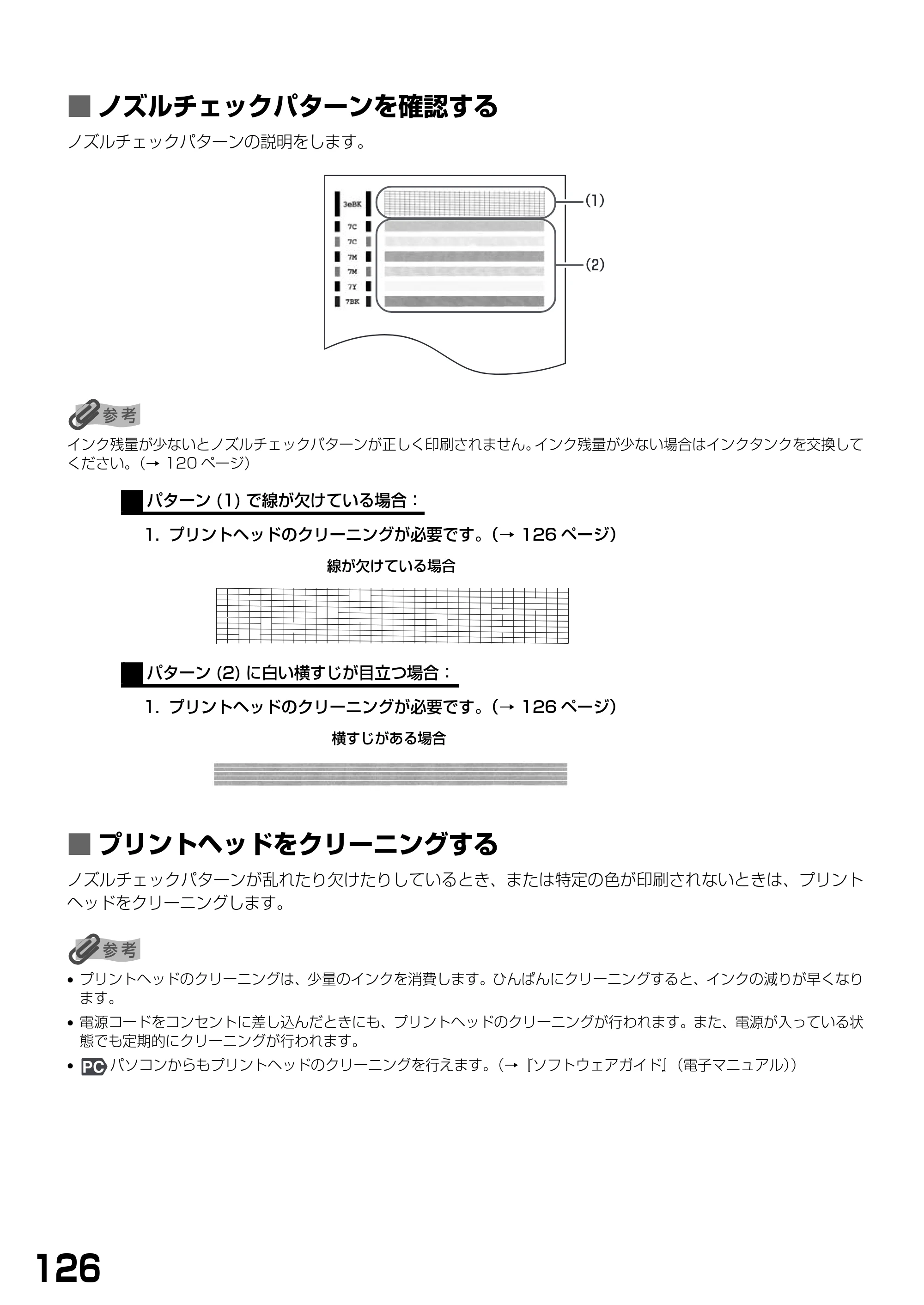 キヤノン PIXUS MP790 基本操作ガイド （PDF形式／6.67Mバイト） — ■ ノズルチェックパターンを確認する — 原本ページ — 128ページ
