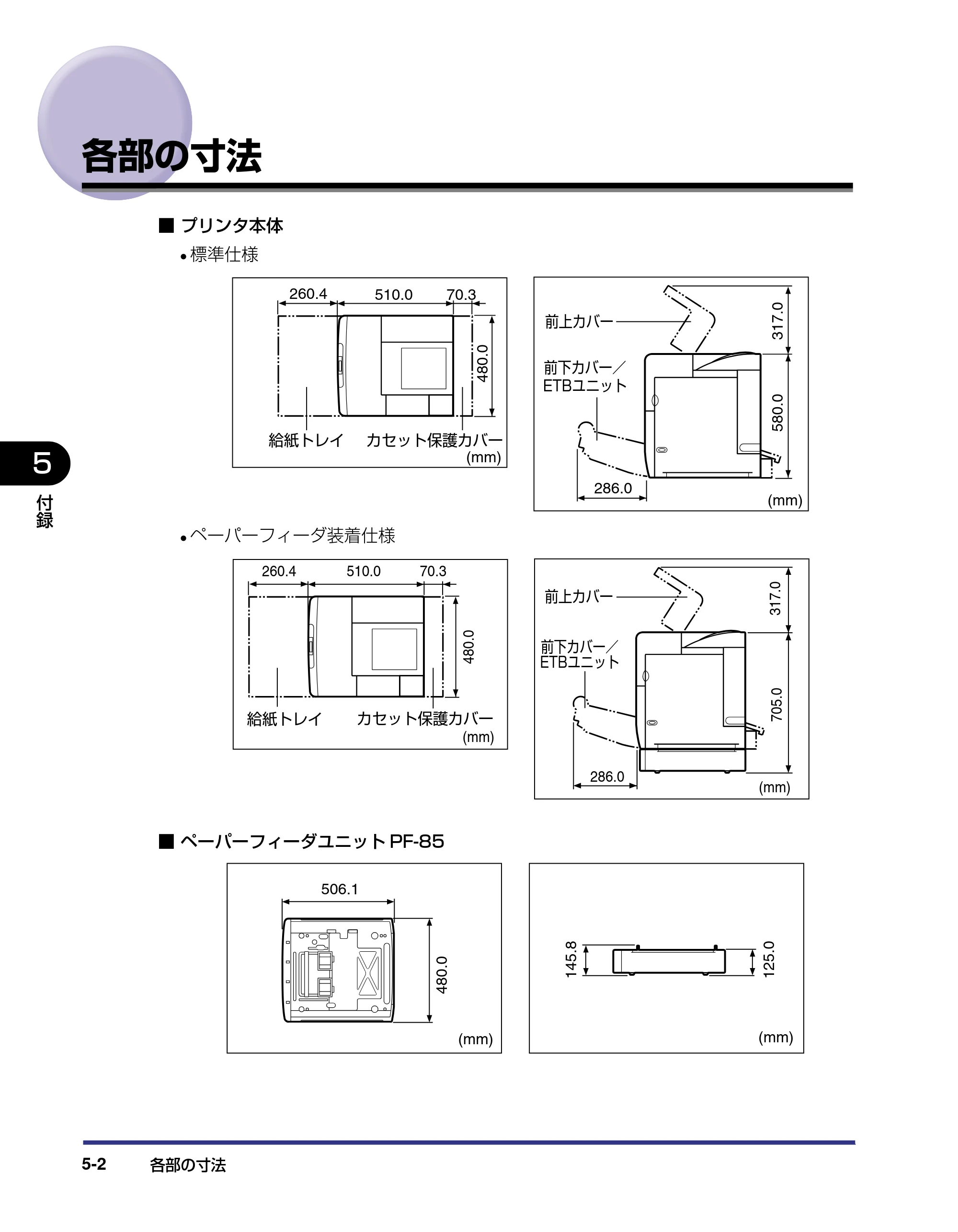 キヤノン LBP5500 設置ガイド 2006年5月25日更新 （PDF形式／4.08Mバイト） — 各部の寸法 — 原本ページ — 126ページ