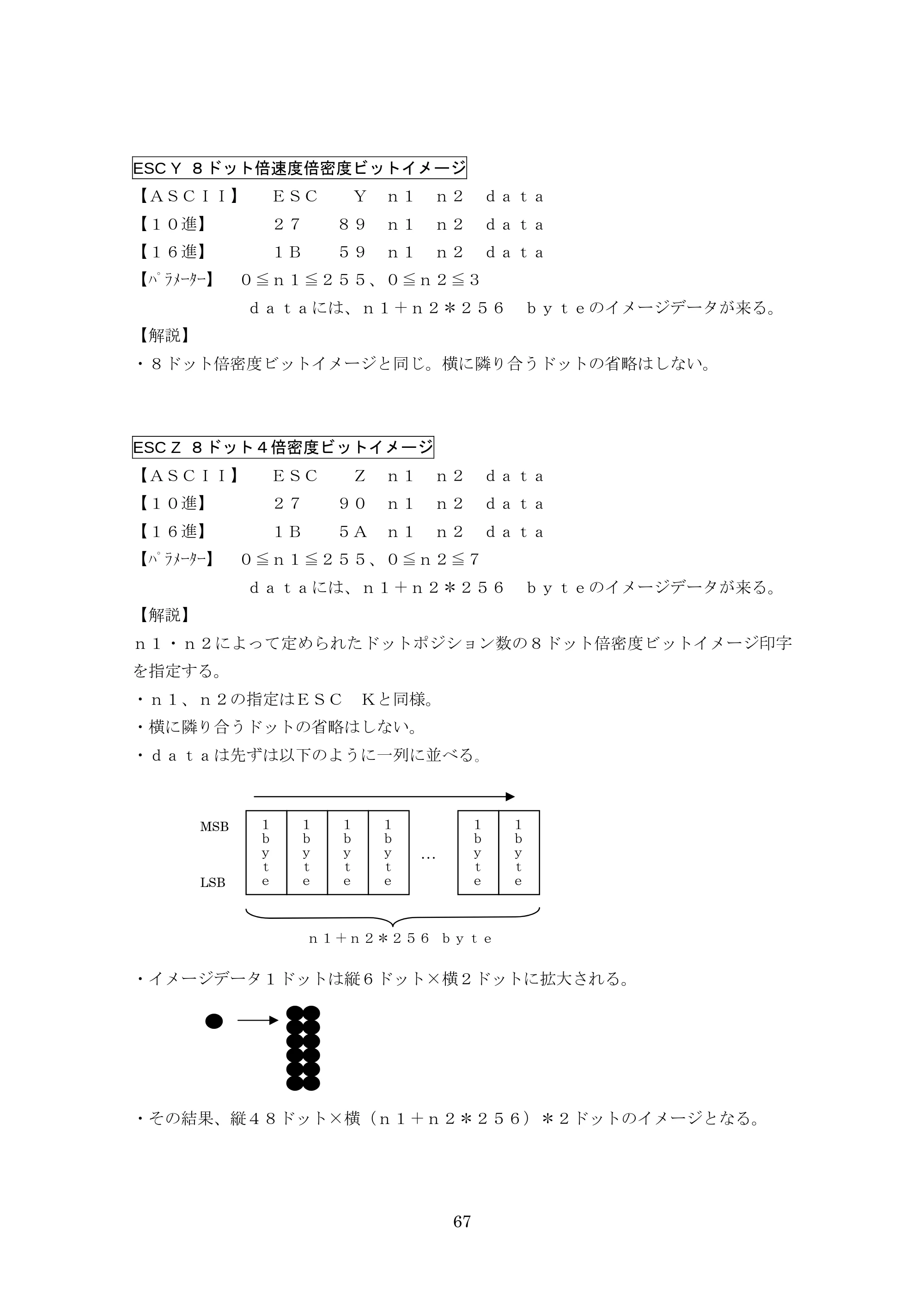 ブラザー TD-4000 / TD-4100N ESC/Pコマンドリファレンス — ESC Y ８ドット倍速度倍密度ビットイメージ — 原本ページ — 67ページ